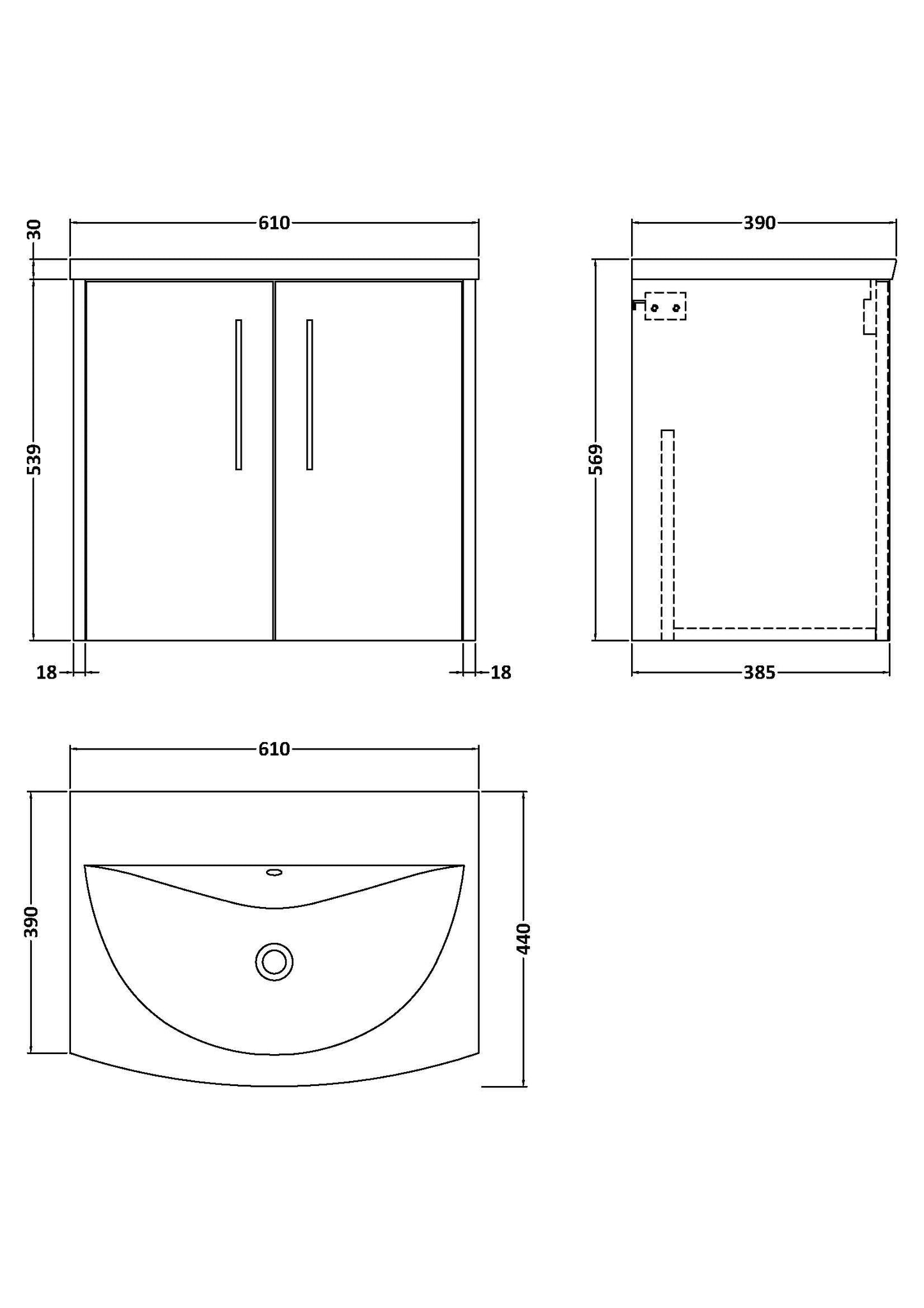 Hudson Reed Juno 600mm Wall Hung 2-Door Vanity Unit With 1 Tap Hole Basin