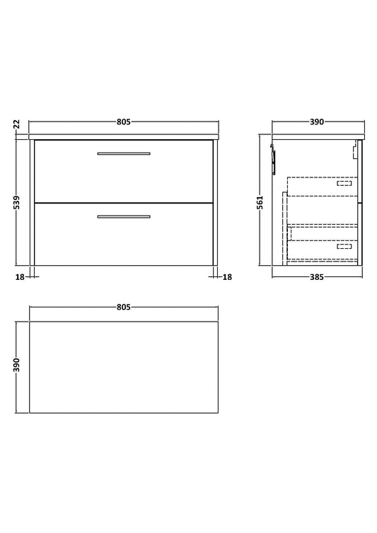 Hudson Reed Juno 800mm Graphite Grey Wall Hung 2-Drawer Vanity Unit With Laminate Top