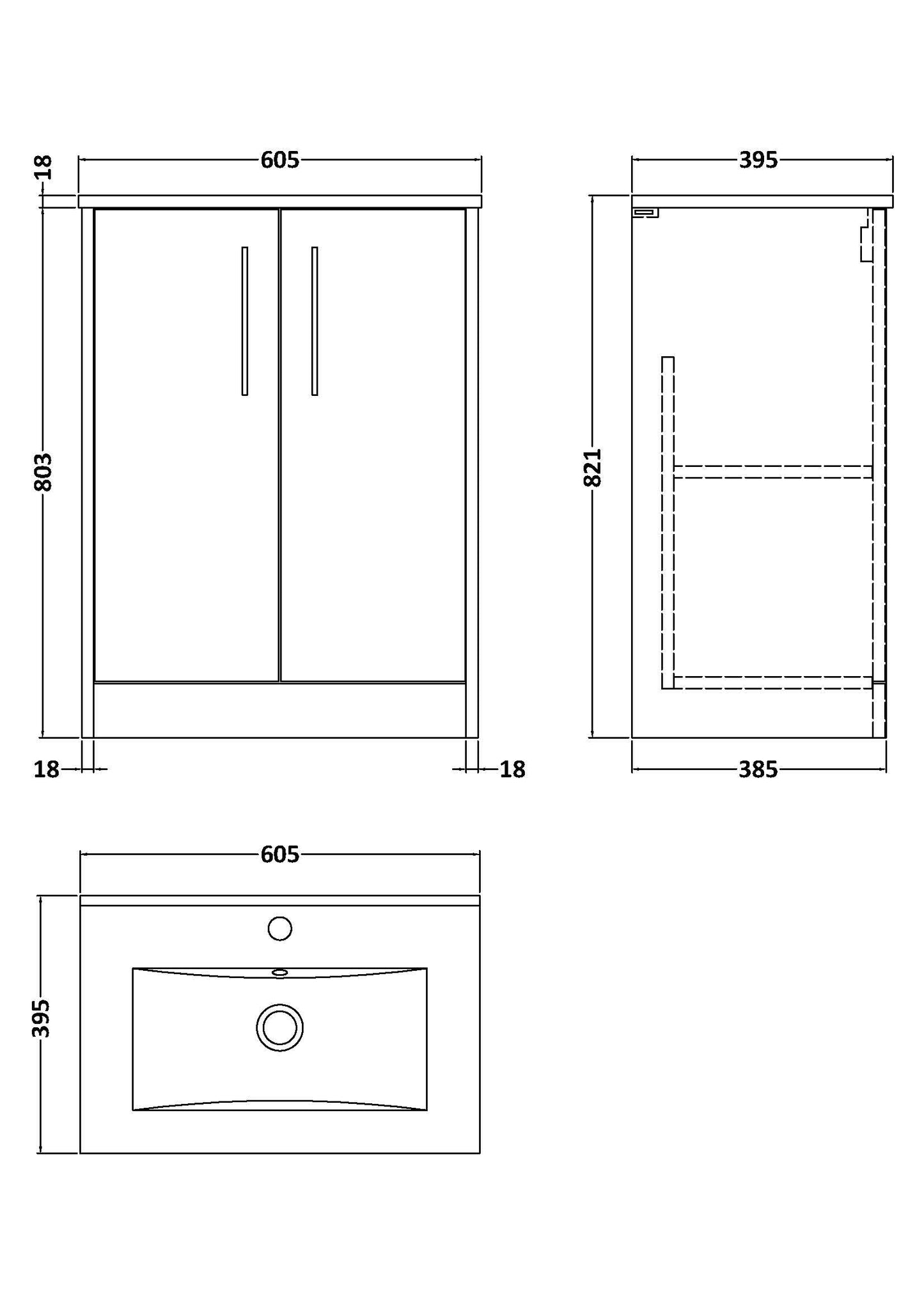 Hudson Reed Juno 600mm Floor Standing 2-Door Vanity Unit With 1 Tap Hole Basin