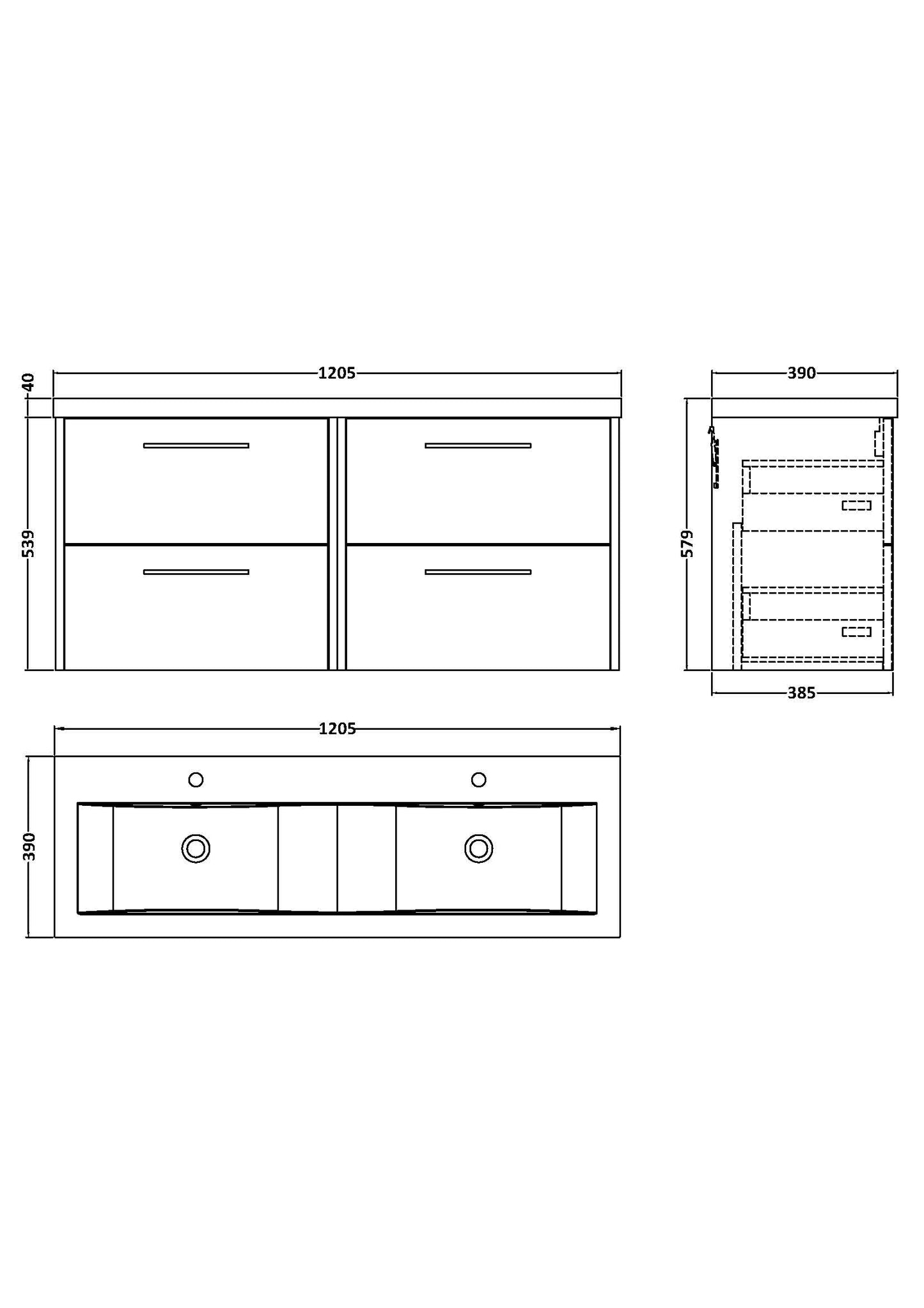 Hudson Reed Juno 1200mm Wall Hung 4 Drawer Vanity Unit & Double Basin with 2 Tap Holes