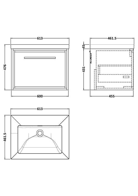Hudson Reed Lille 600mm Wall Hung Single Drawer Vanity Unit With Basin
