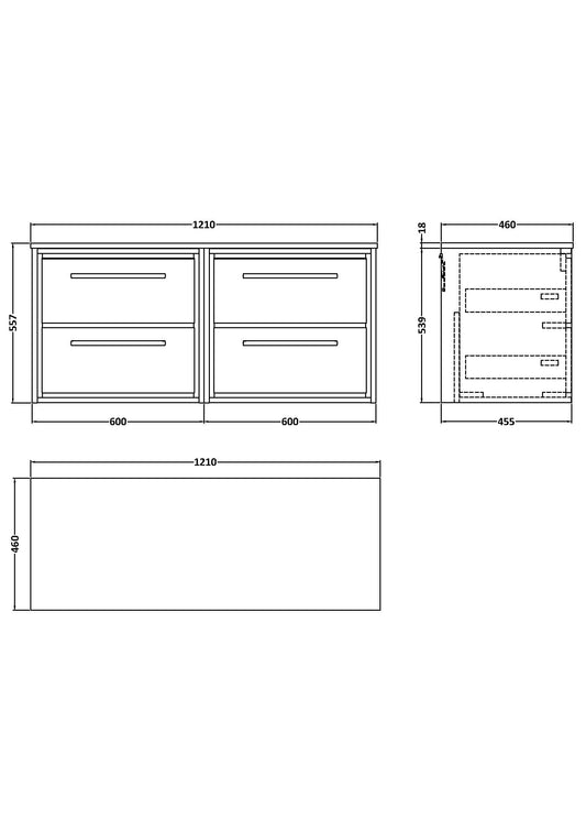 Hudson Reed Lille 610mm Bleached Oak Wall Hung 4-Drawer Vanity With Marble Worktop, With Handles