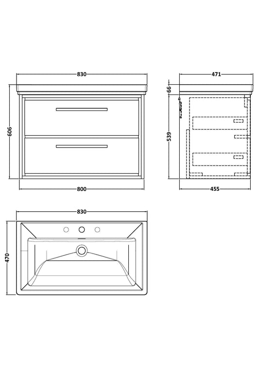 Lille 800mm Wall Hung 2-Drawer Vanity with Basin - 3 Tap Hole
