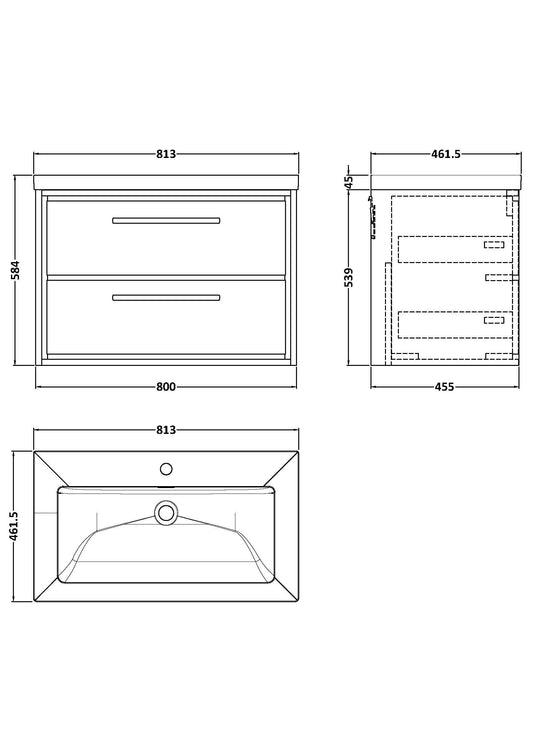 Hudson Reed Lille 800mm Wall Hung 2-Drawer Vanity Unit with Basin and Soft Close Drawers
