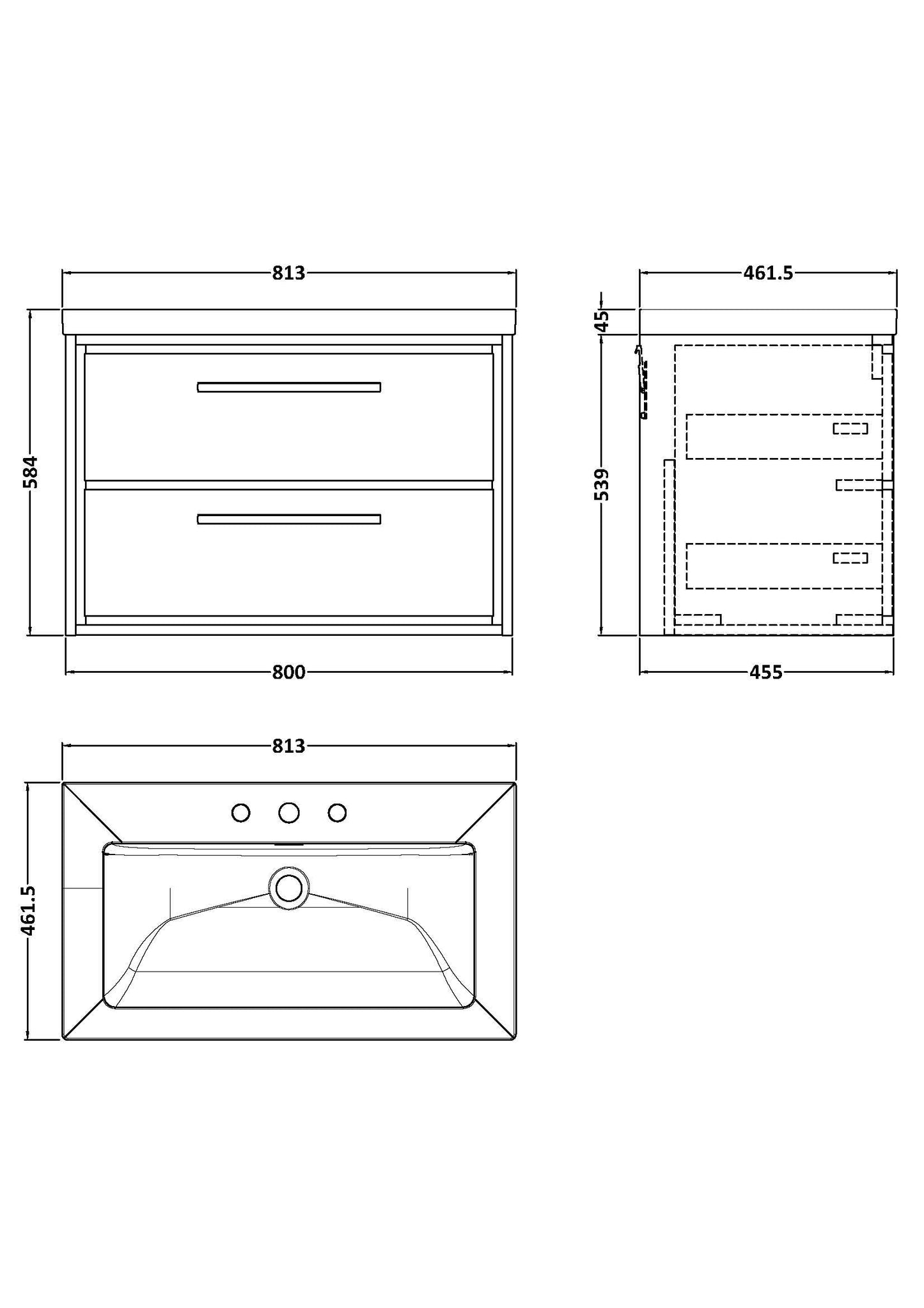 Hudson Reed Lille 800mm Wall Hung 2-Drawer Vanity Unit with 3 Tap Hole Basin