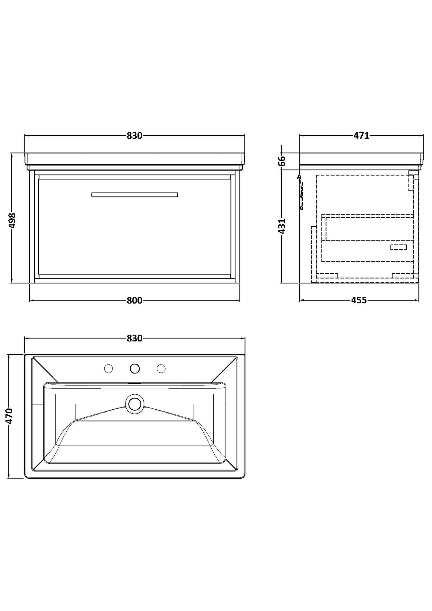 Lille 800mm Wall Hung Single Drawer Vanity with Basin - 3 Tap Hole