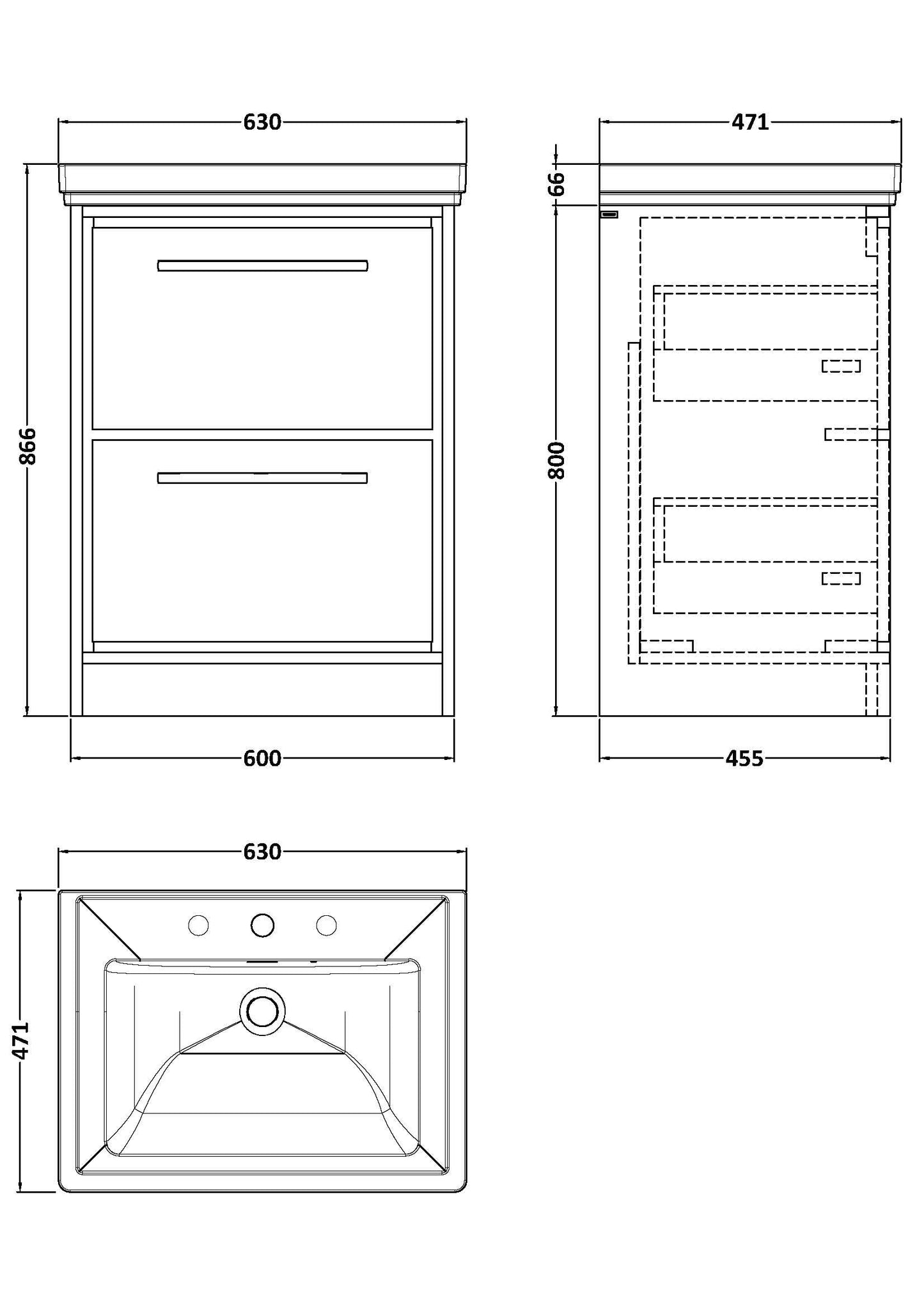 Hudson Reed Lille 630mm Fern Green Floor Standing 2-Drawer Vanity Unit With 3 Tap Hole Basin Fully Assembled