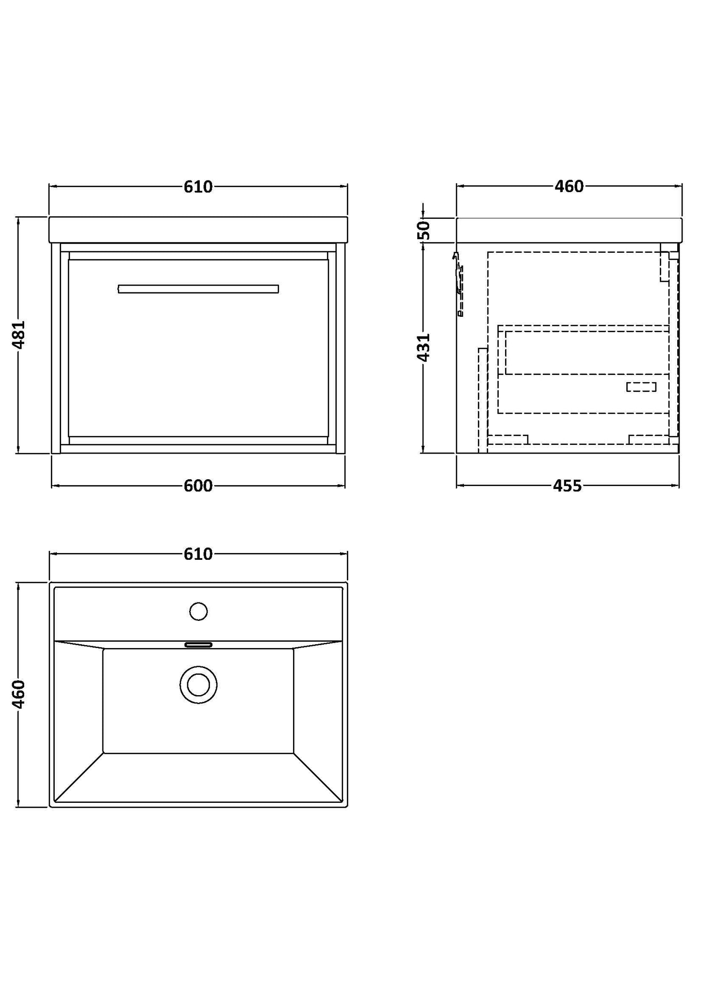 Lille 600mm Wall Hung Single Drawer Vanity with Basin - 1 Tap Hole