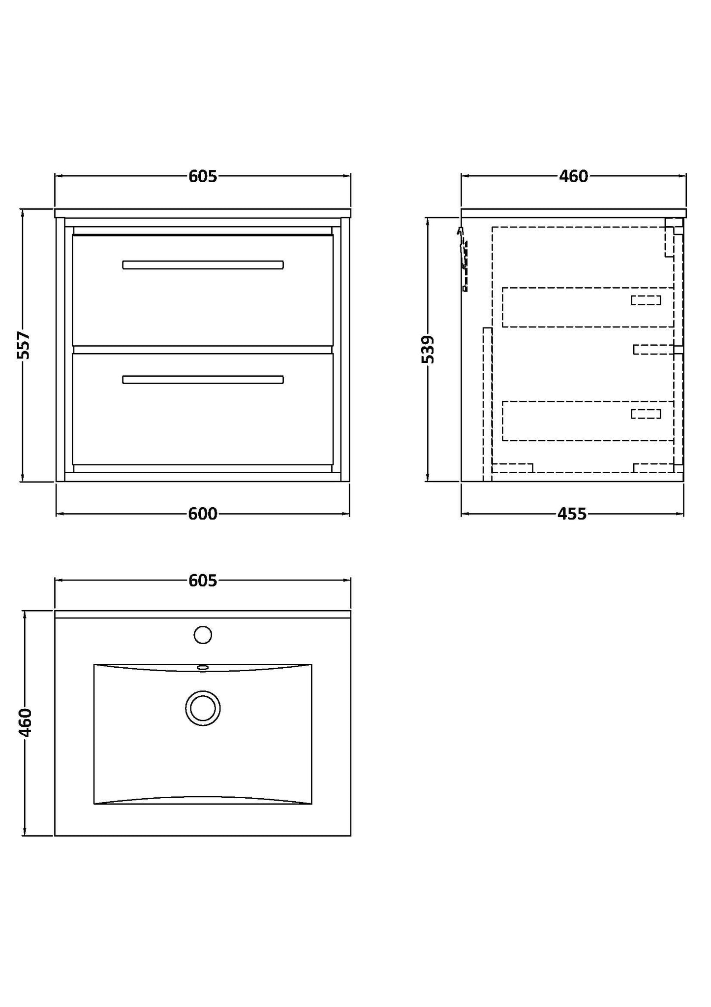 Lille 600mm Wall Hung 2-Drawer Vanity with Basin - 1 Tap Hole