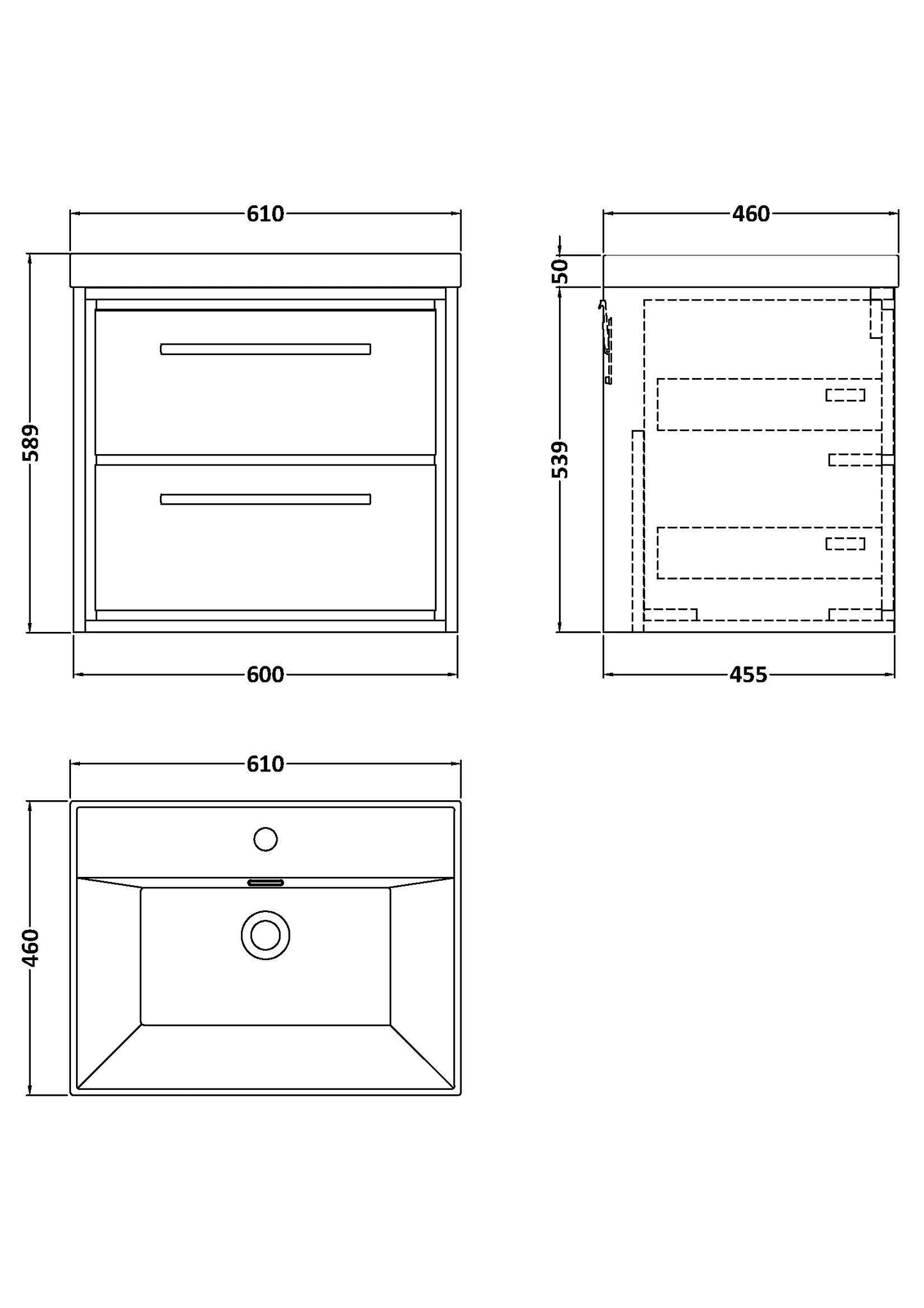 Hudson Reed Lille 600mm Wall Hung Pebble Grey 2-Drawer Vanity Unit With 1 Tap Hole Basin