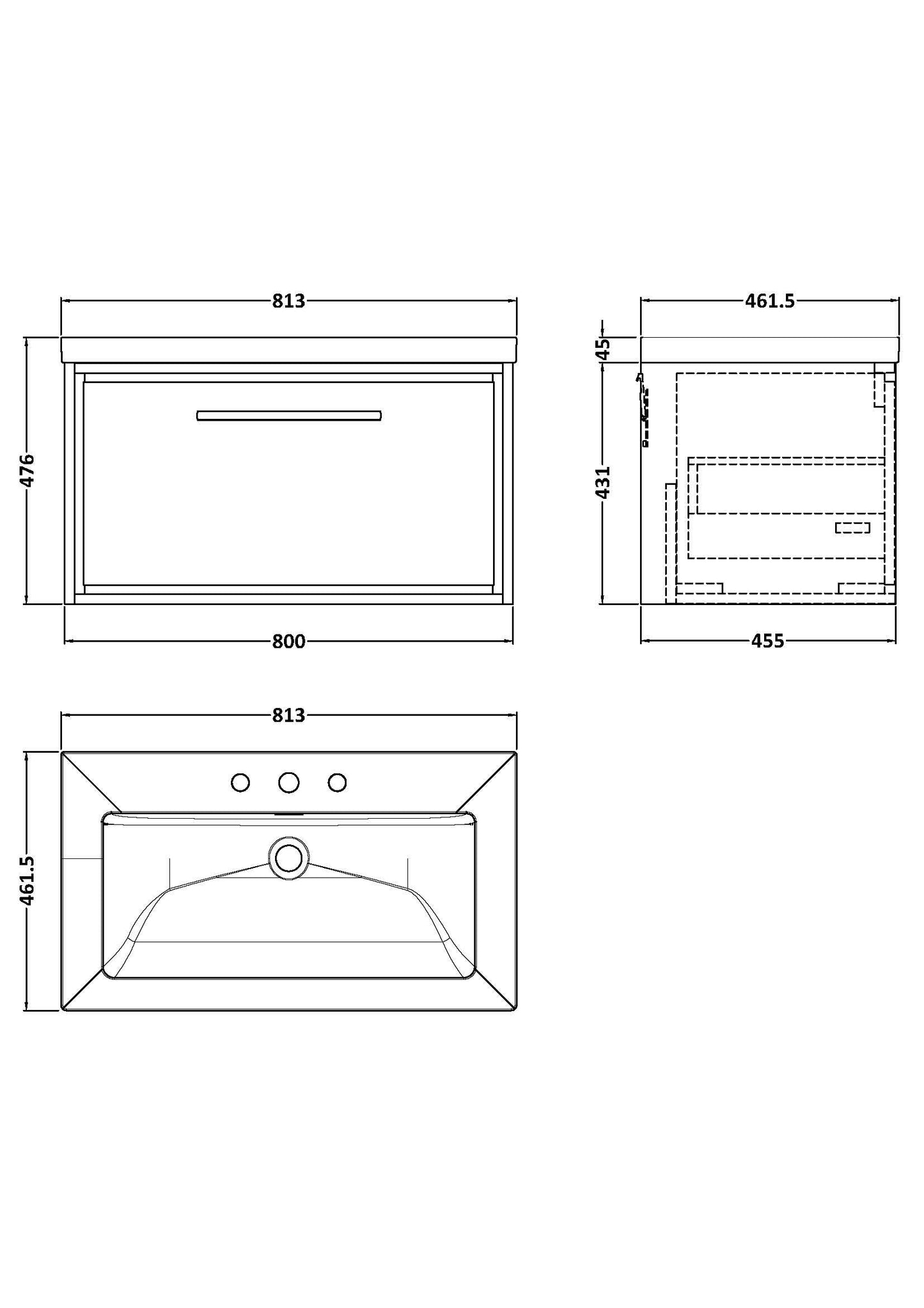 Lille 800mm Wall Hung Single Drawer Vanity with Basin - 3 Tap Hole