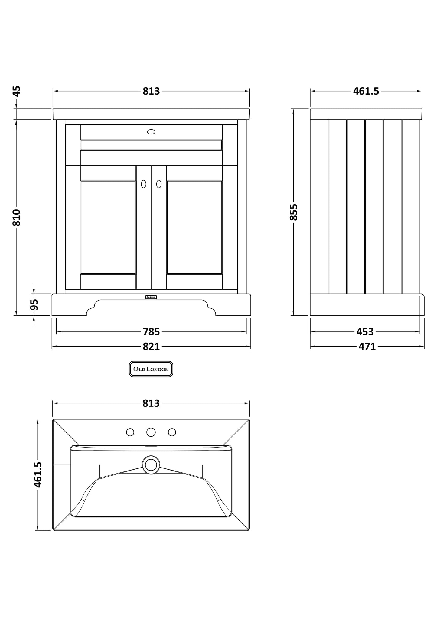 Old London 800mm 2-Door Unit & Contemporary Fireclay Basin 3TH