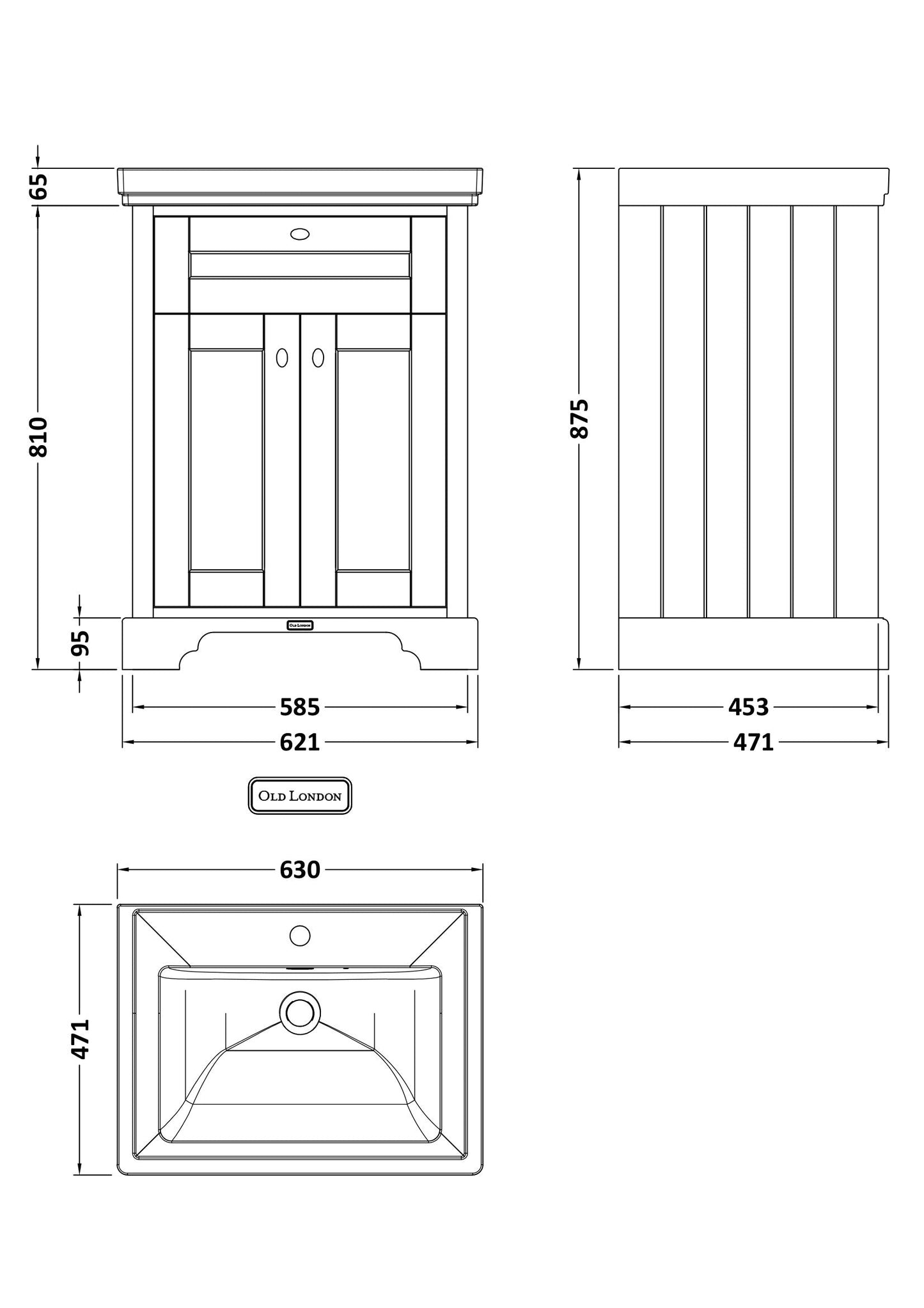 Hudson Reed Old London 600mm Floor Standing 2 Door Vanity Unit & 1 Tap Hole Fireclay Basin