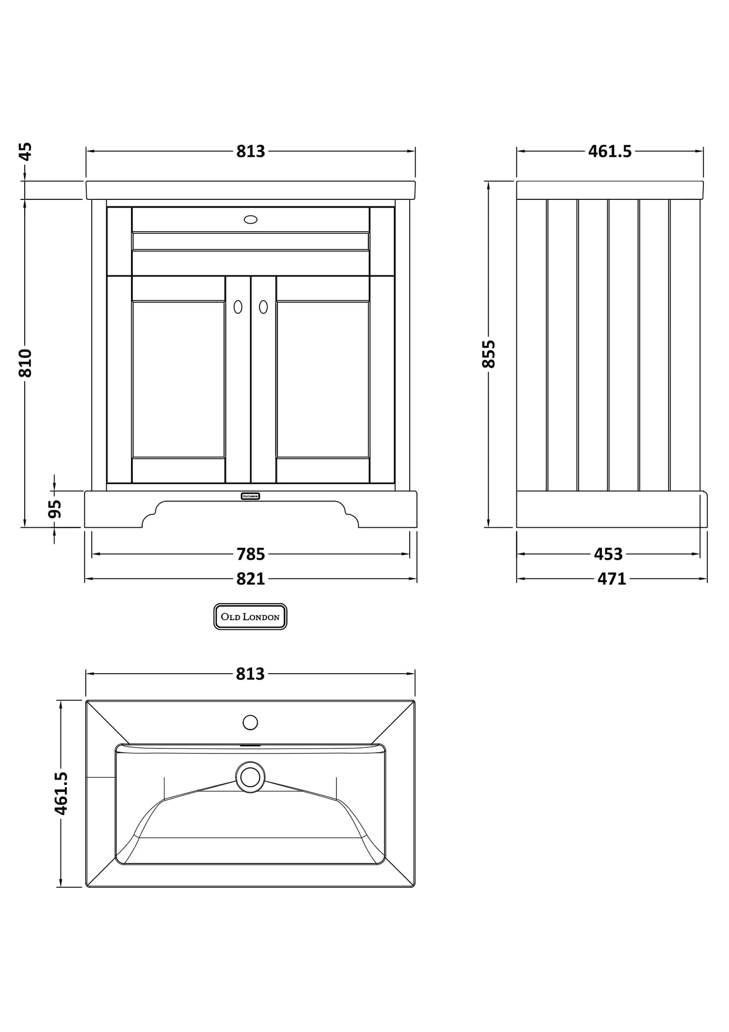 Old London 800mm 2-Door Unit & Contemporary Fireclay Basin 1TH