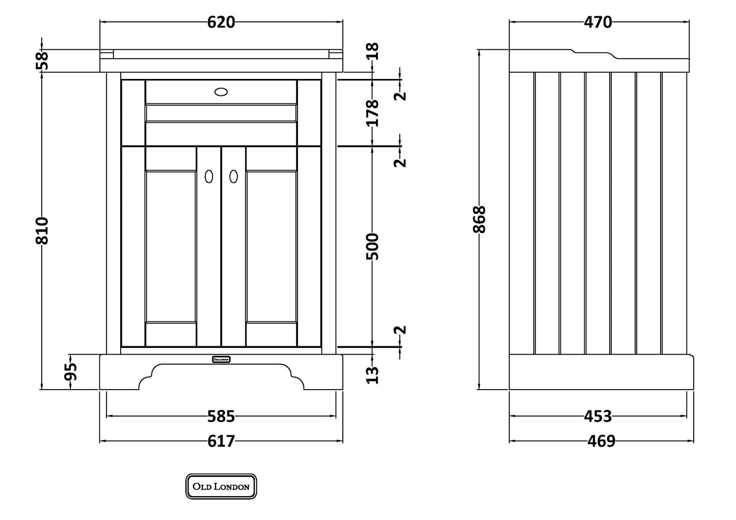 Hudson Reed Old London 600mm Floor Standing Vanity Unit With 3 Tap Hole Ceramic Basin