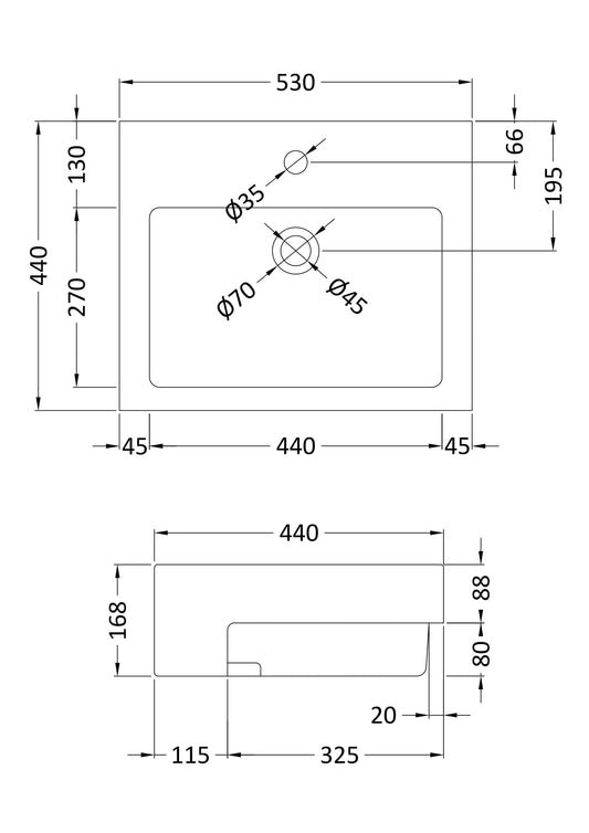 Semi-Recessed Basin 530 x 440 x 168mm