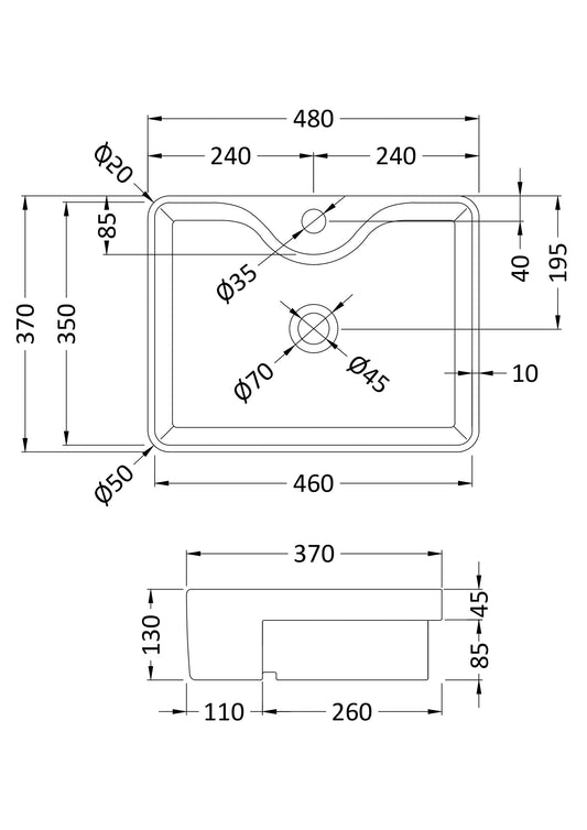 Semi-Recessed Basin 480 x 370 x 130mm