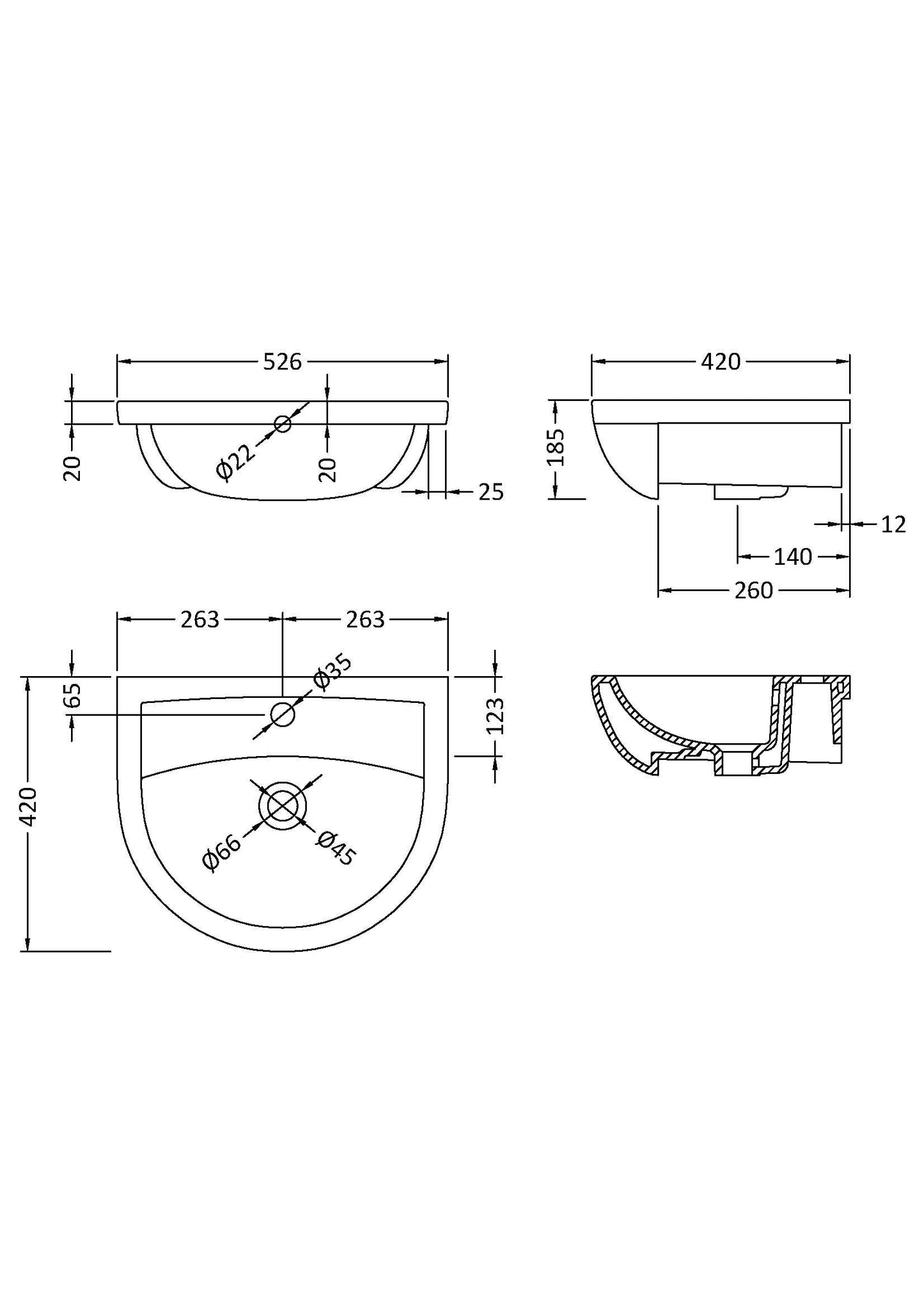 Fusion Fitted Round 1 Tap Hole Semi Recessed Ceramic Basin 500mm