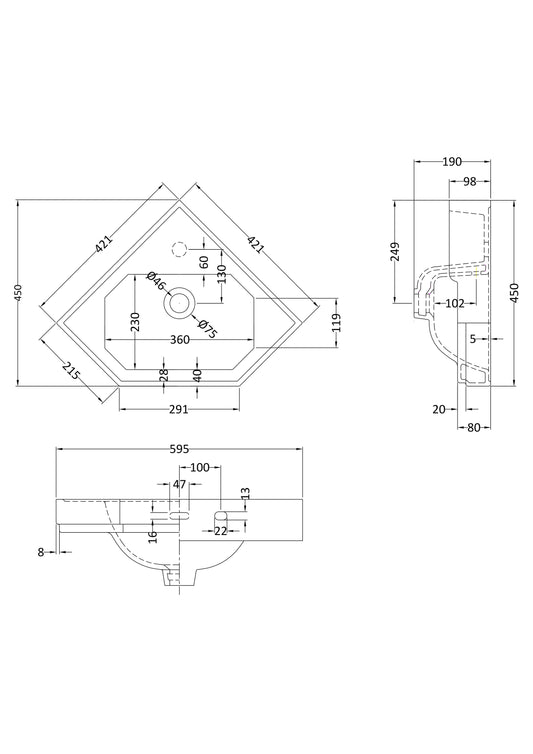 Richmond Corner Basin 421 x 421 x 595mm