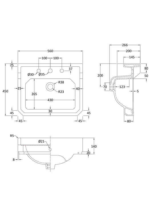 Richmond 560mm 3 Tap Hole Basin