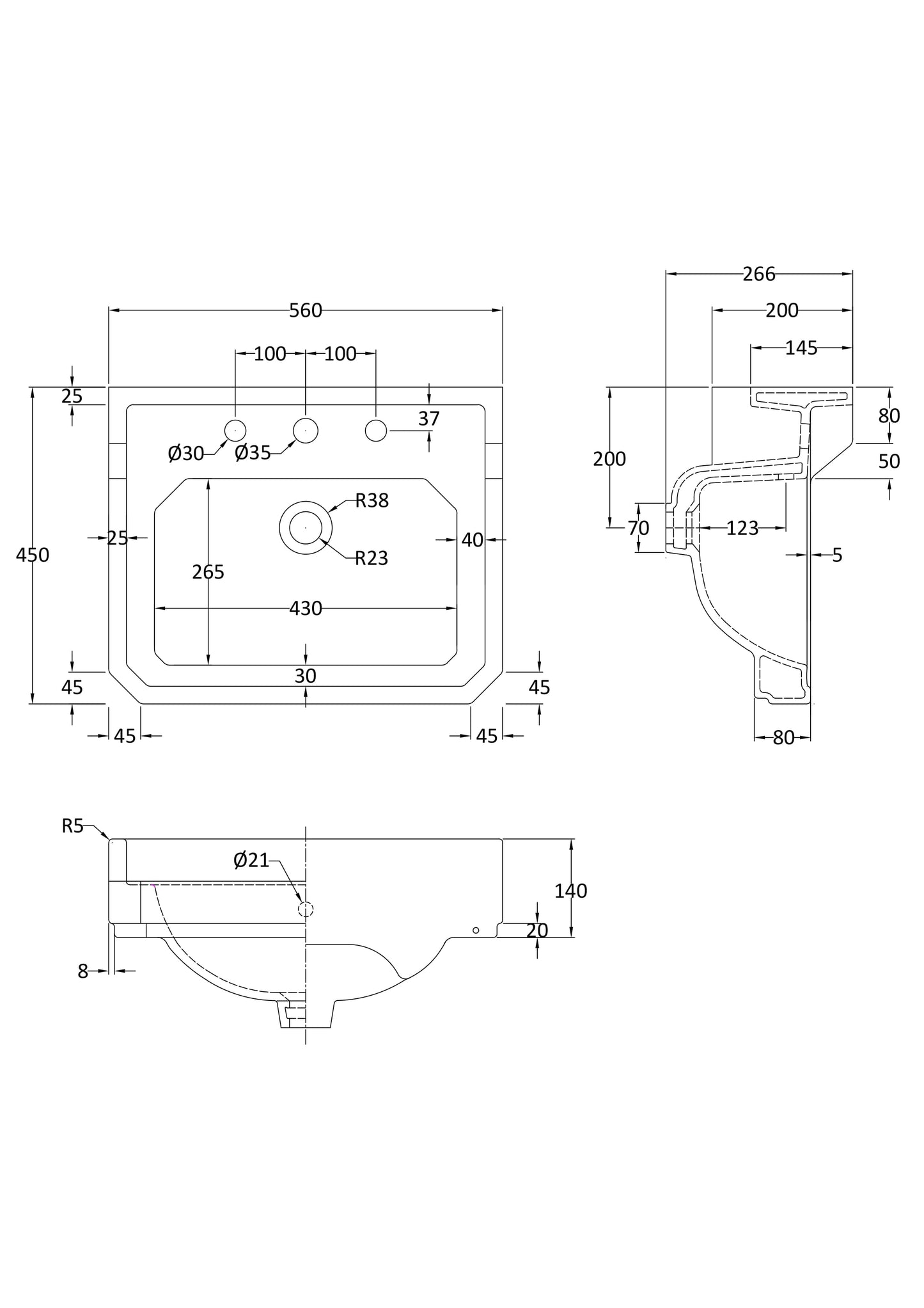 Richmond 560mm 3 Tap Hole Basin