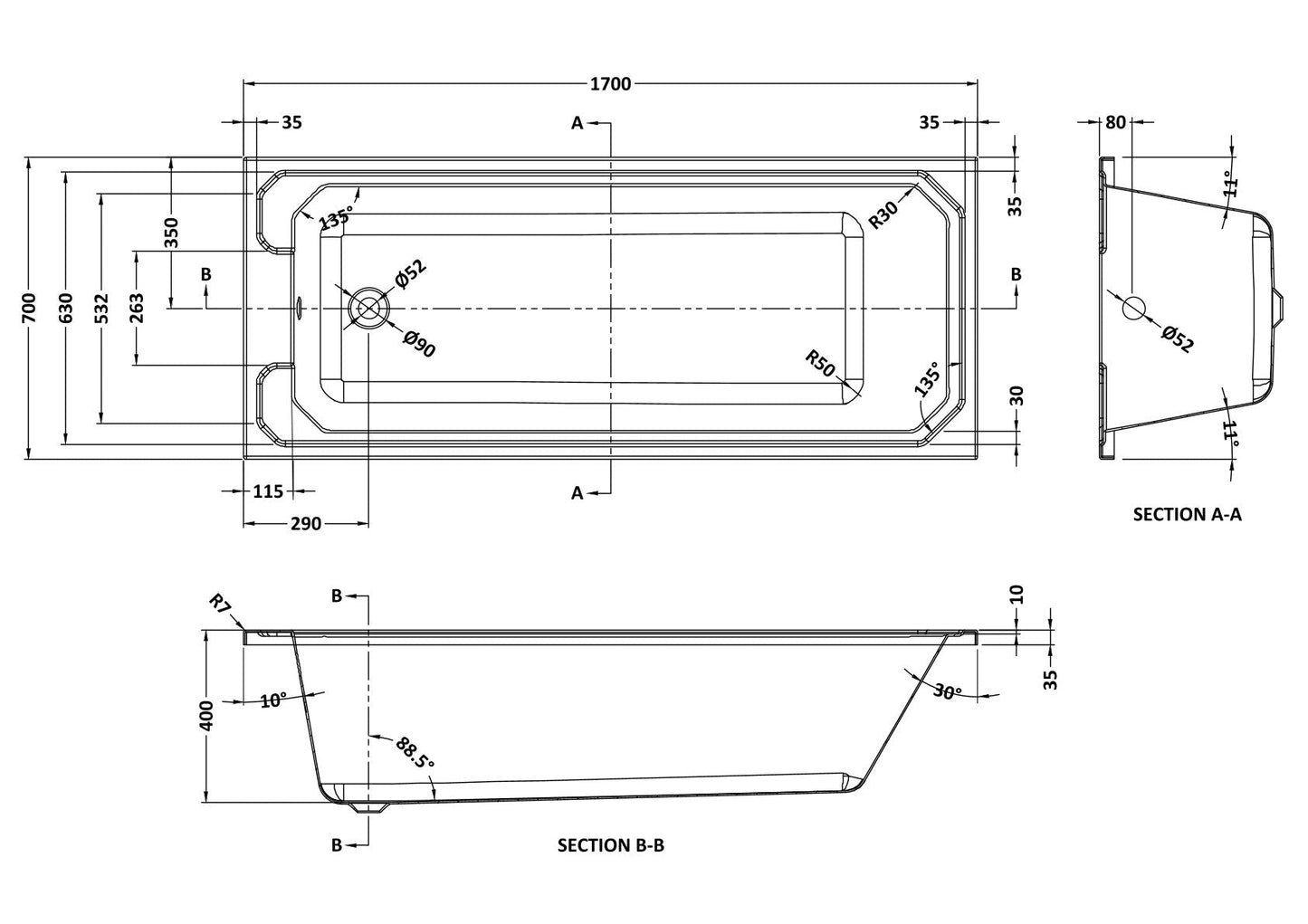 Art Deco Straight Shower Bath 1700 x 700mm