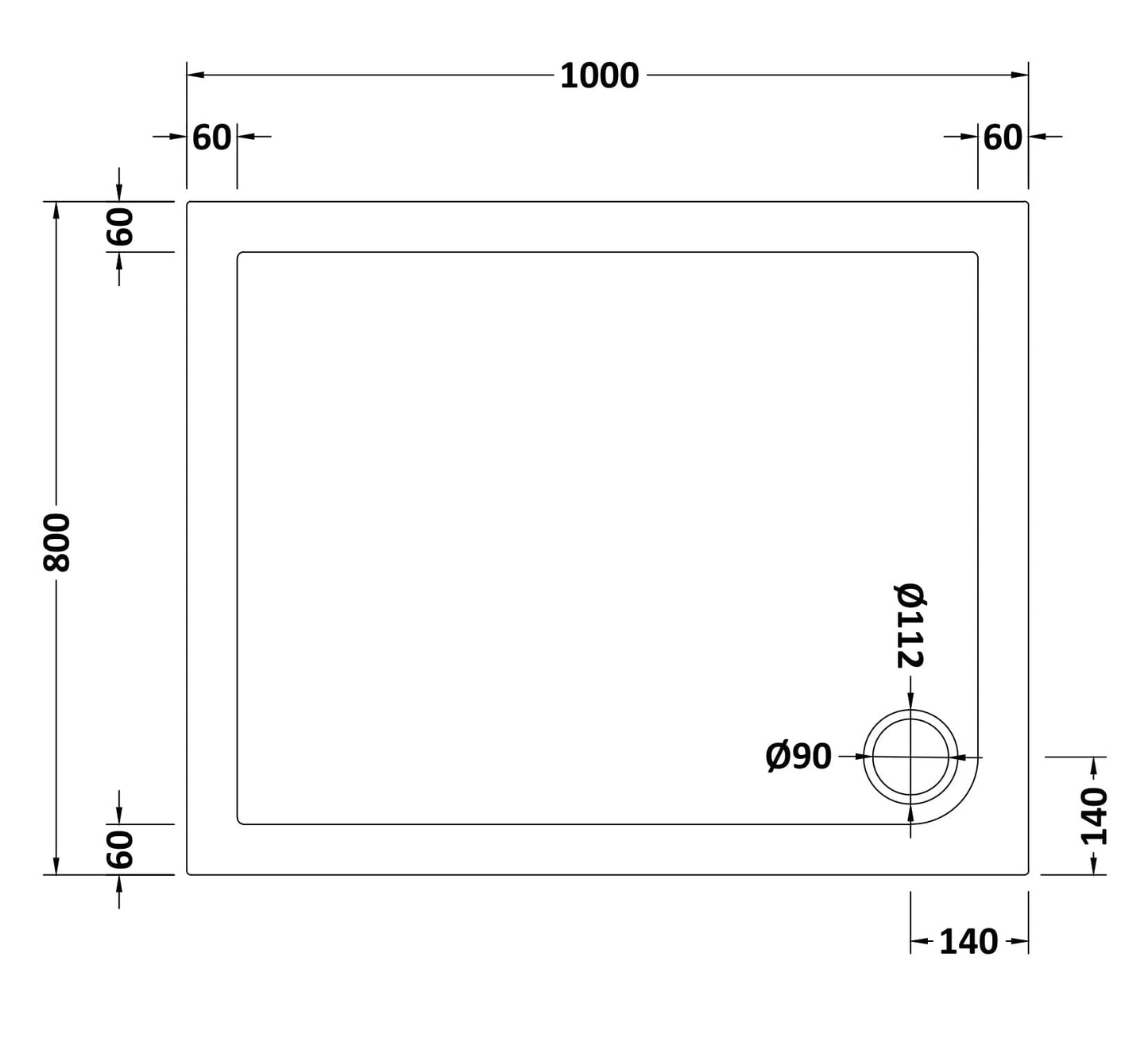 Slip Resistant Rectangular Slimline Shower Tray 1000 x 800mm