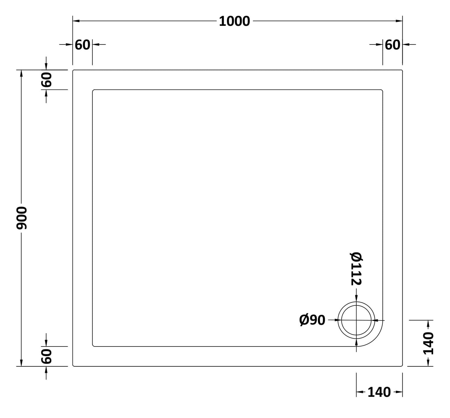 Slip Resistant Rectangular Slimline Shower Tray 1000 x 900mm