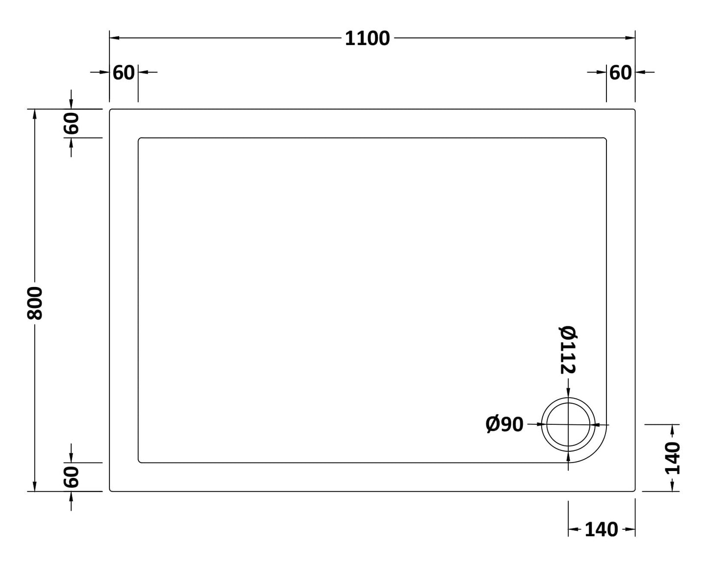 Slip Resistant Rectangular Slimline Shower Tray 1100 x 800mm