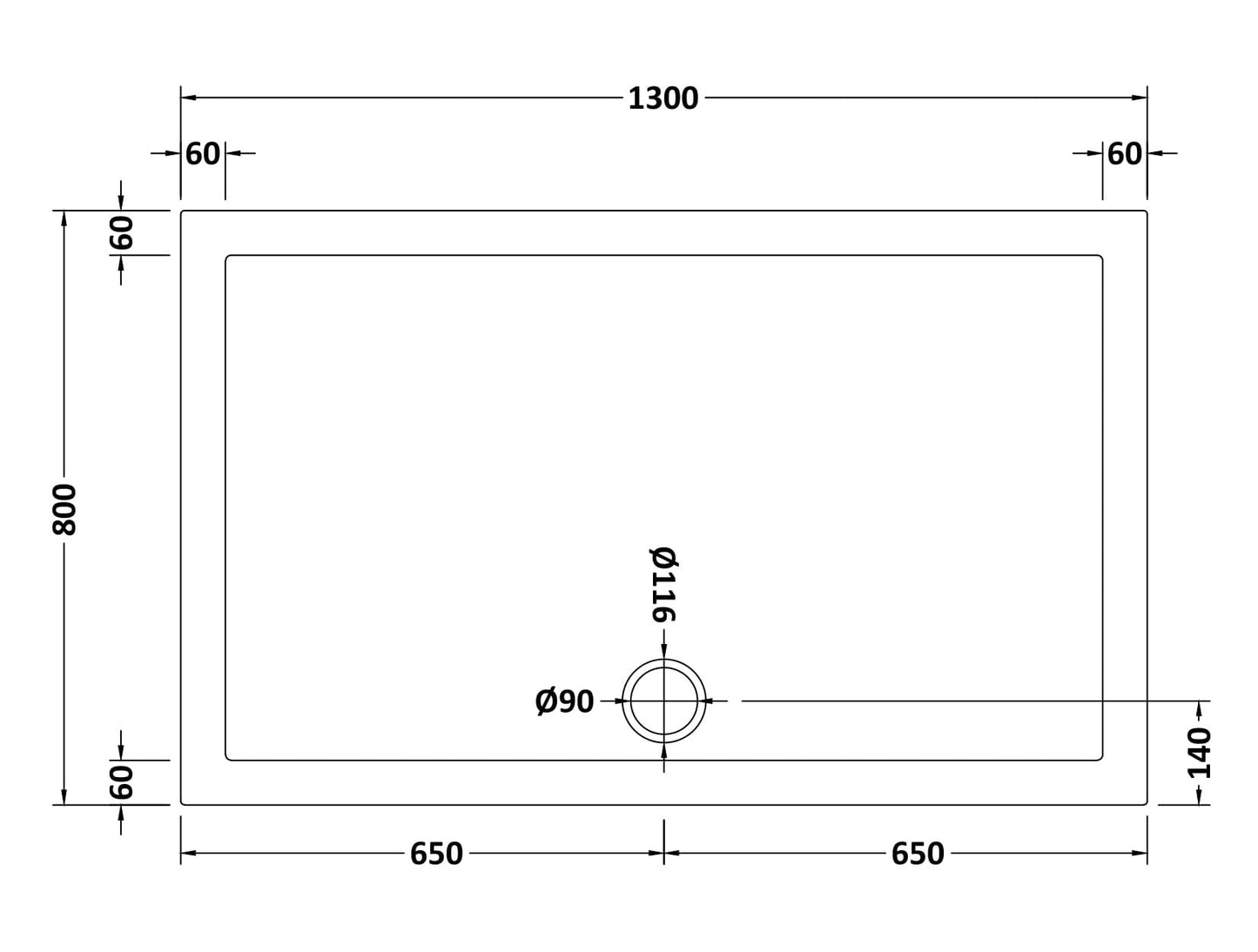 Slip Resistant Rectangular Slimline Shower Tray 1300 x 800mm
