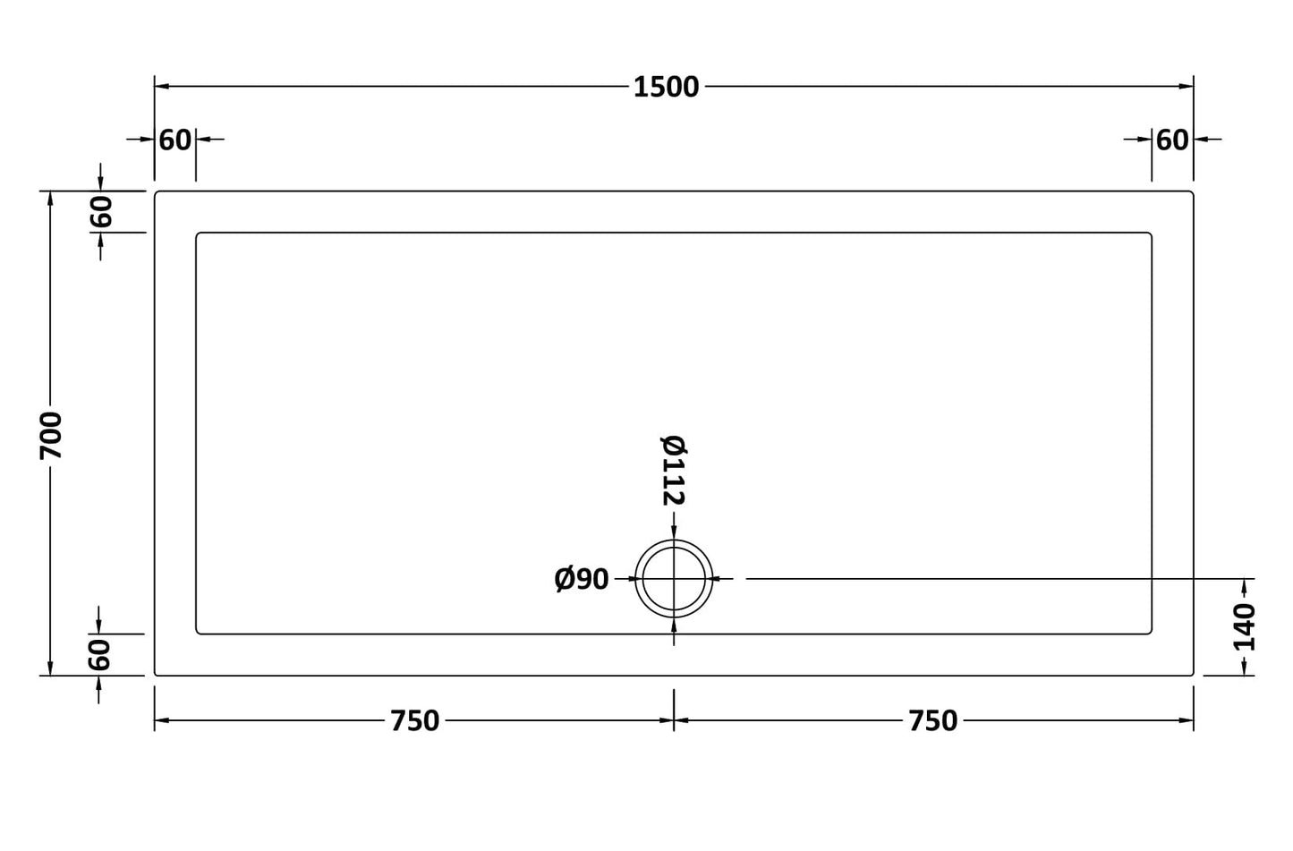 Slip Resistant Rectangular Slimline Shower Tray 1500 x 700mm