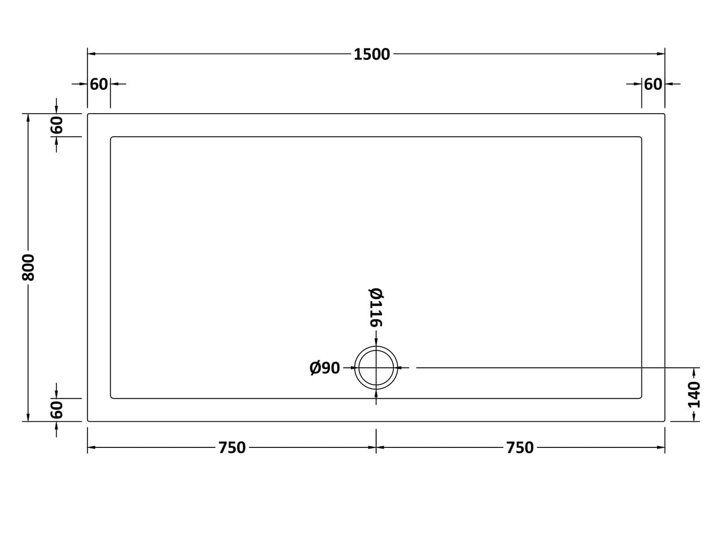 Slip Resistant Rectangular Slimline Shower Tray 1500 x 800mm
