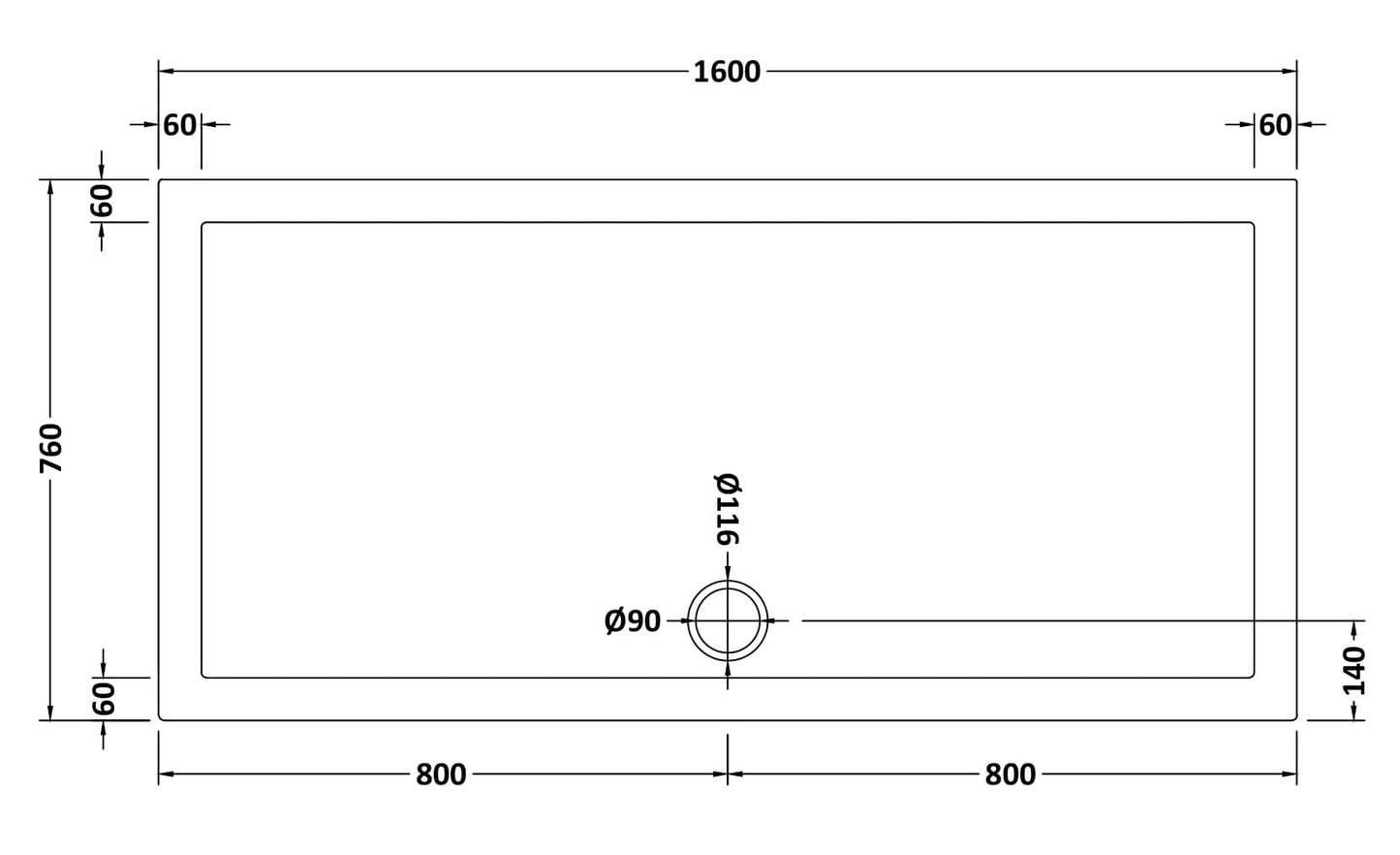 Slip Resistant Rectangular Slimline Shower Tray 1600 x 760mm