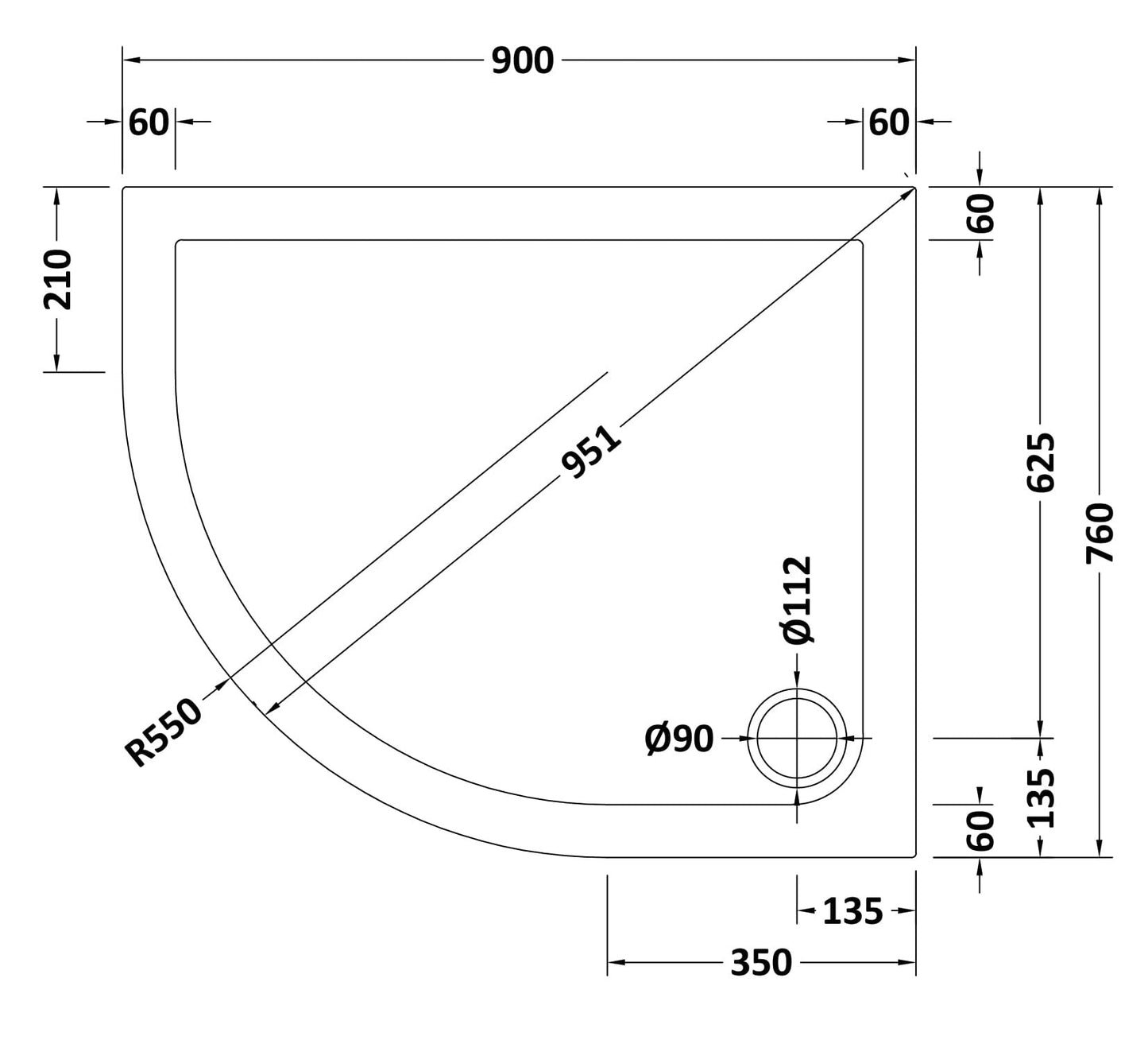 Slip Resistant Offset Slimline Quadrant Shower Tray Left Hand 900 x 760mm