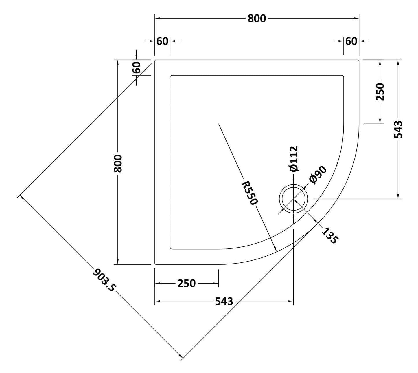 Slip Resistant Quadrant Slimline Shower Tray 800 x 800mm