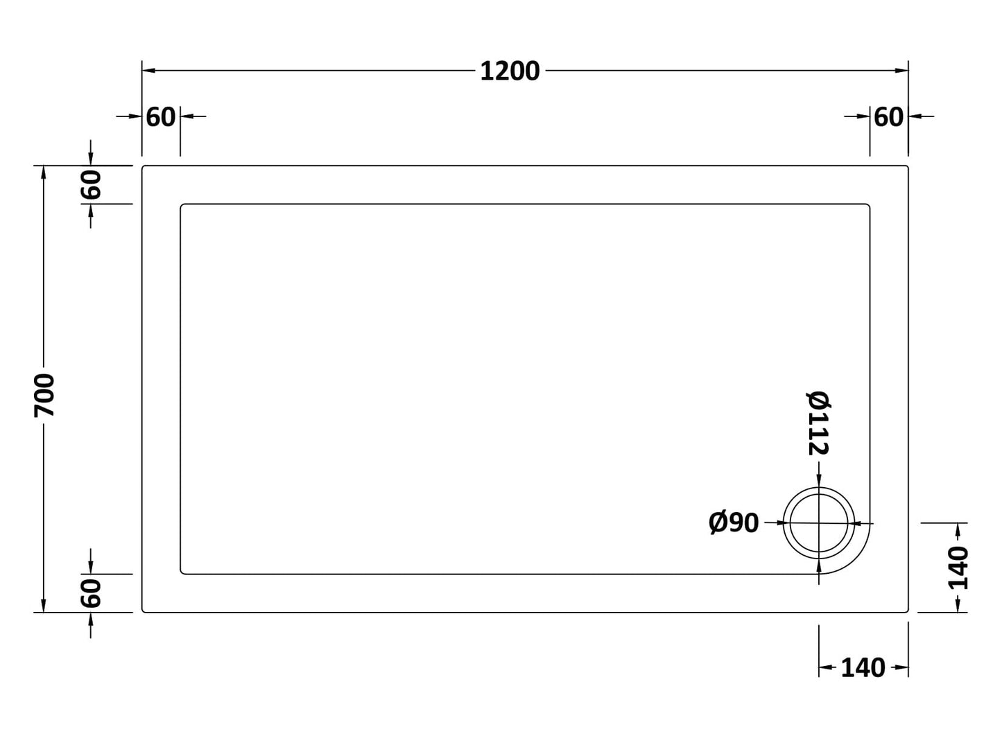 Rectangular Slimline Shower Tray 1200 x 700mm