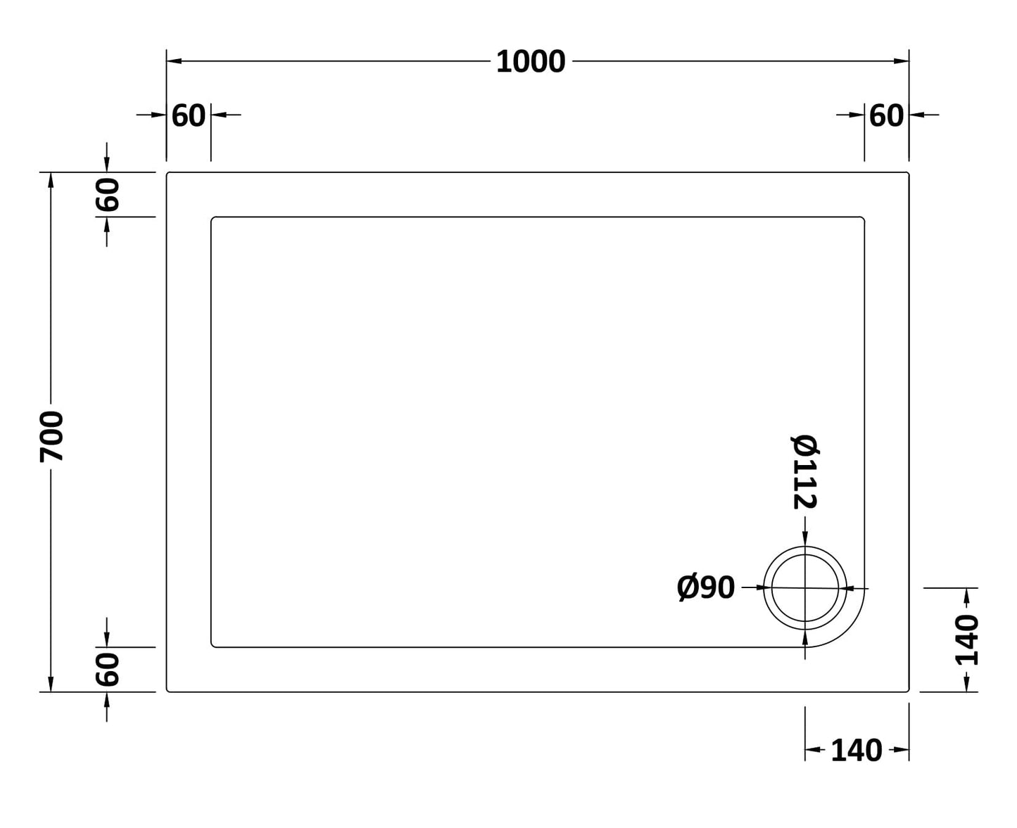 Rectangular Slimline Shower Tray 1000 x 700mm