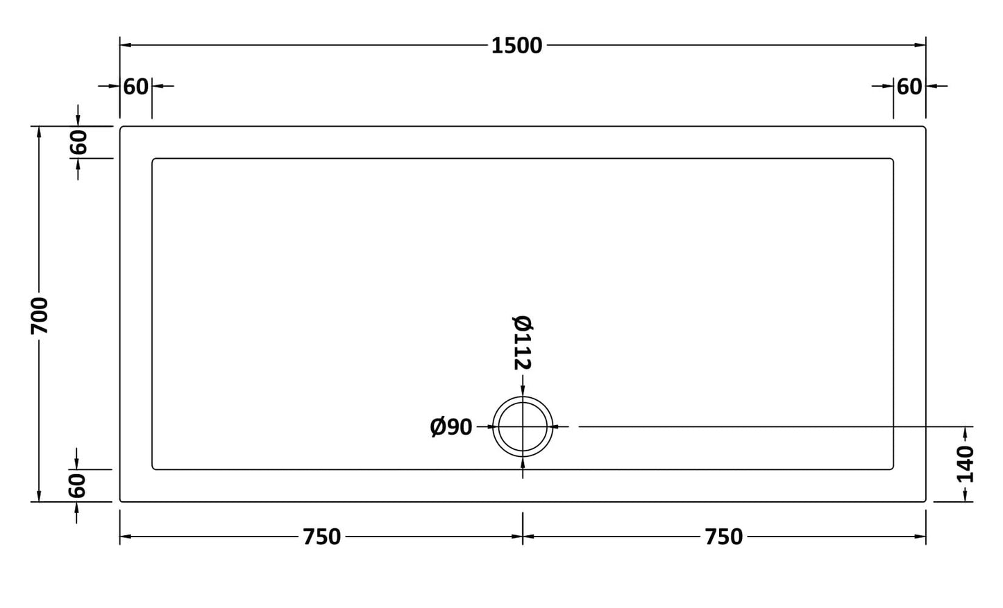 Rectangular Slimline Shower Tray 1500 x 700mm