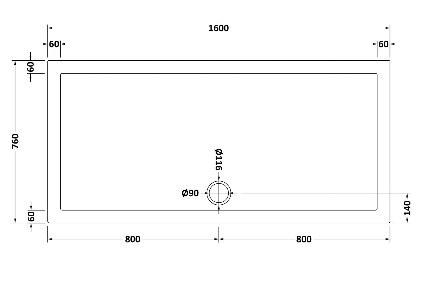 Rectangular Slimline Shower Tray 1600 x 760mm