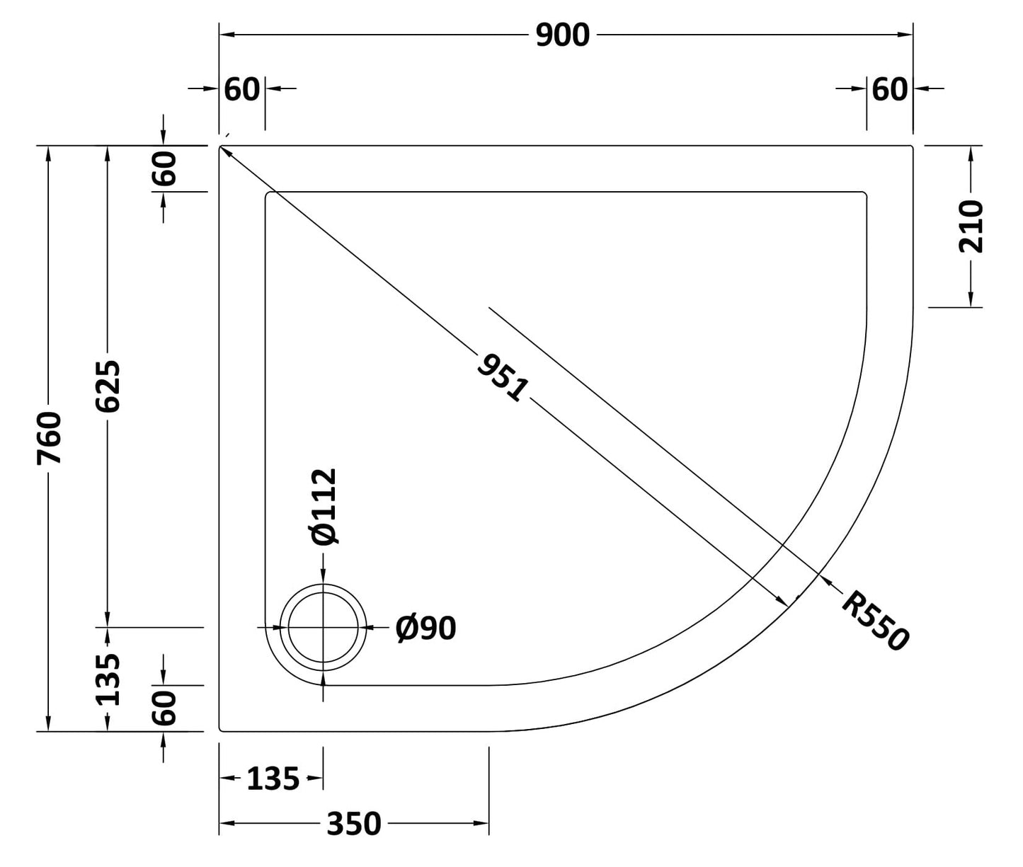 Offset Quadrant Slimline Shower Tray Right Hand 900 x 760mm