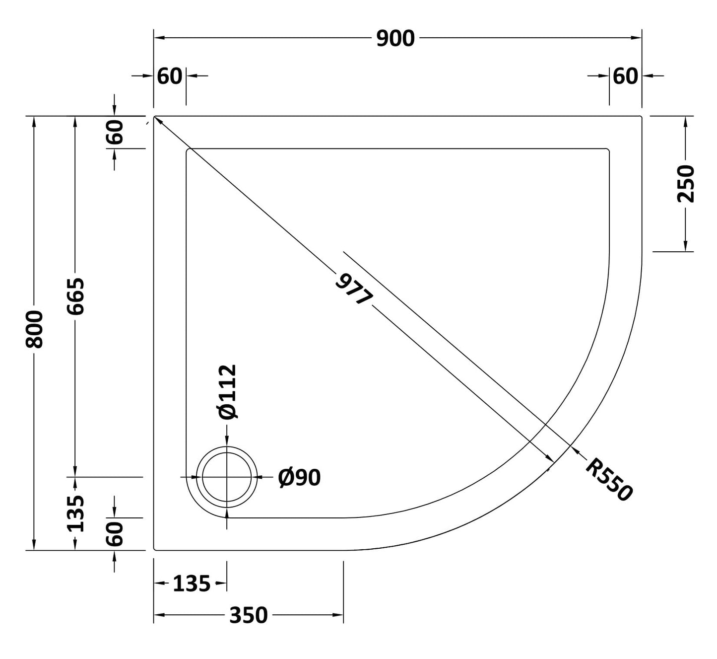 Offset Quadrant Slimline Shower Tray Right Hand 900 x 800mm