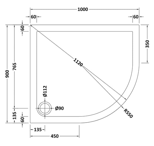 Offset Quadrant Slimline Shower Tray Right Hand 1000 x 900mm