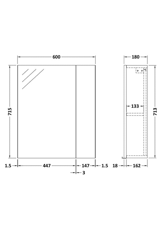 Fusion Fitted Wall Hung 2 Door Mirror Unit (75/25) 600mm