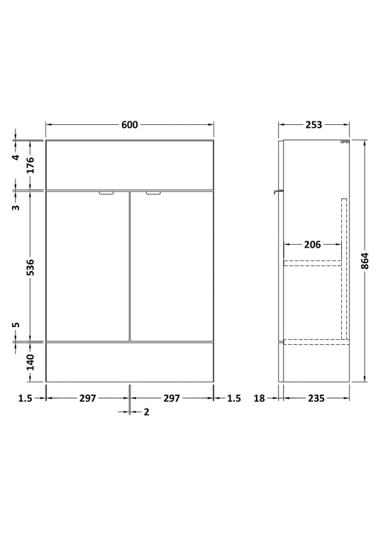 Fusion Fitted Floor Standing 2 Door Vanity Unit Compact 600mm