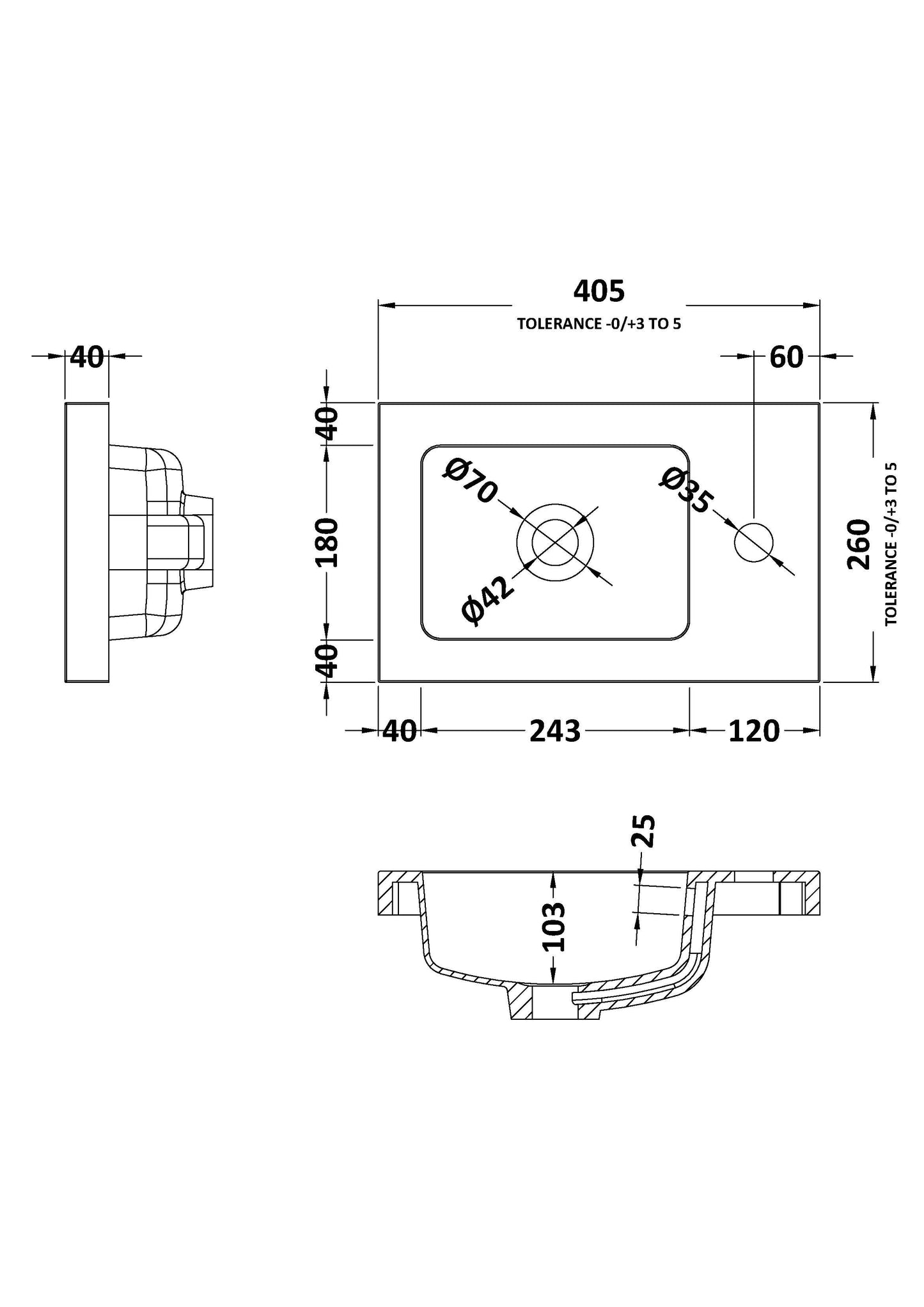 Fusion Fitted Square Compact 1 Tap Hole Polymarble Basin 400mm