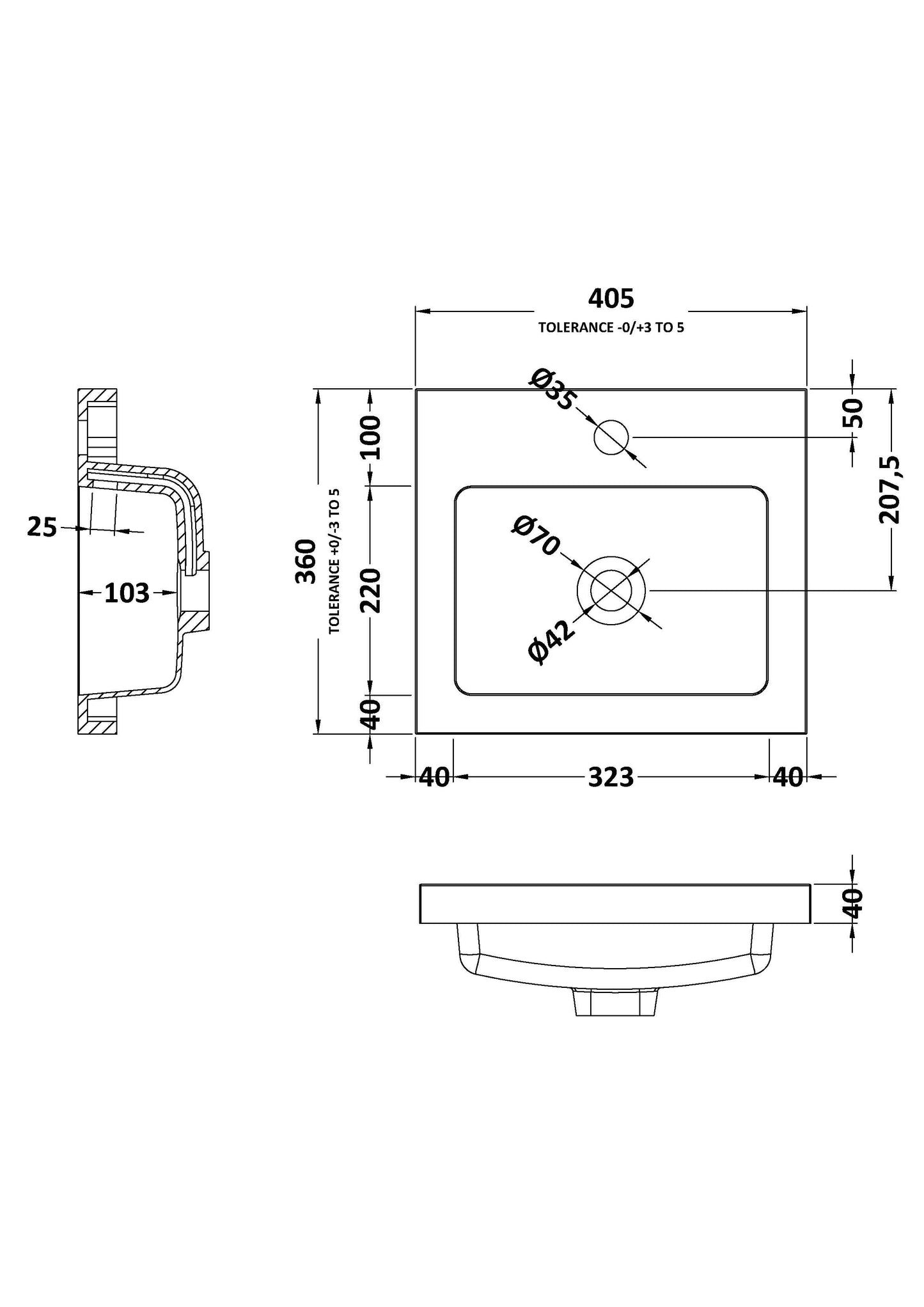 Fusion Fitted Square full-depth 1 Tap Hole Polymarble Basin 400mm