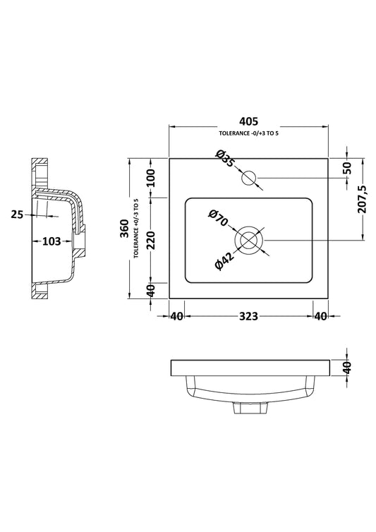 Fusion Fitted Square full-depth 1 Tap Hole Polymarble Basin 400mm