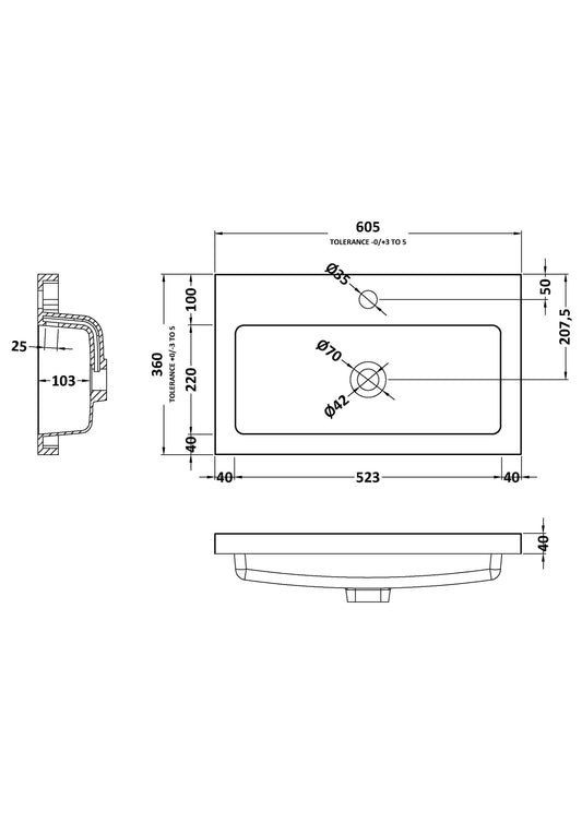 Arno Compact 600mm Polymarble Basin 1 Tap Hole