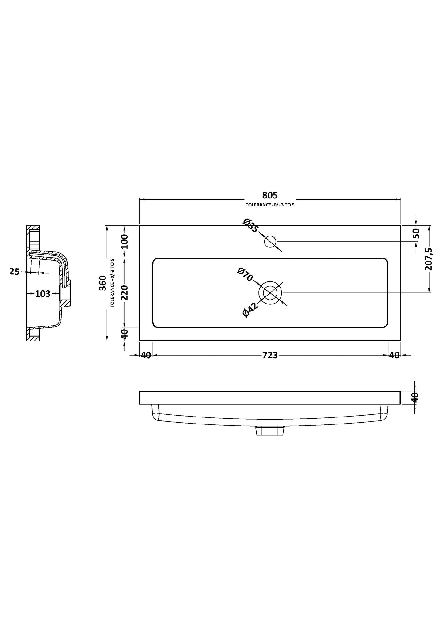 Fusion Fitted Square full-depth 1 Tap Hole Polymarble Basin 800mm