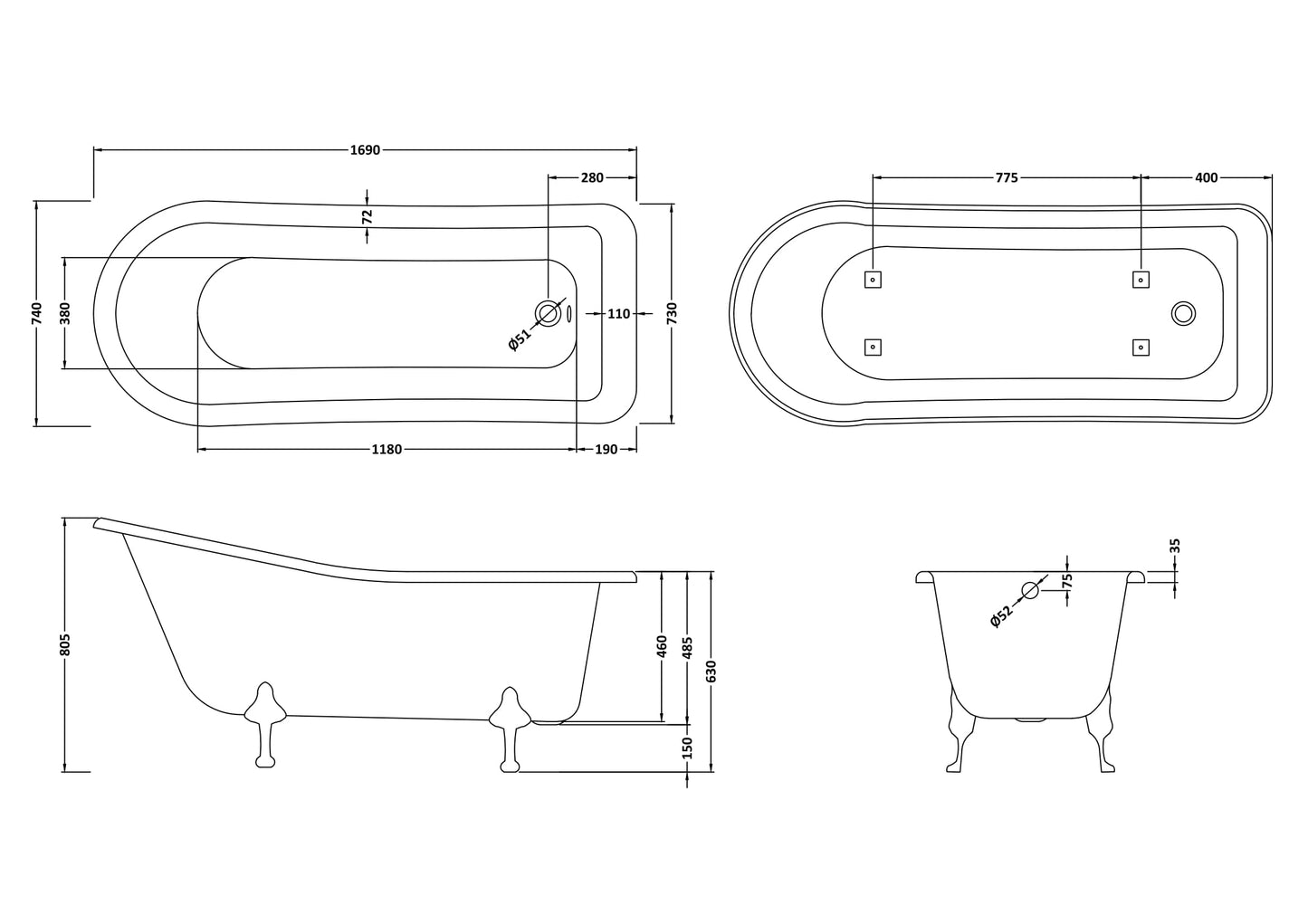 Hudson Reed 1690mm Freestanding Bath With Pride Legs